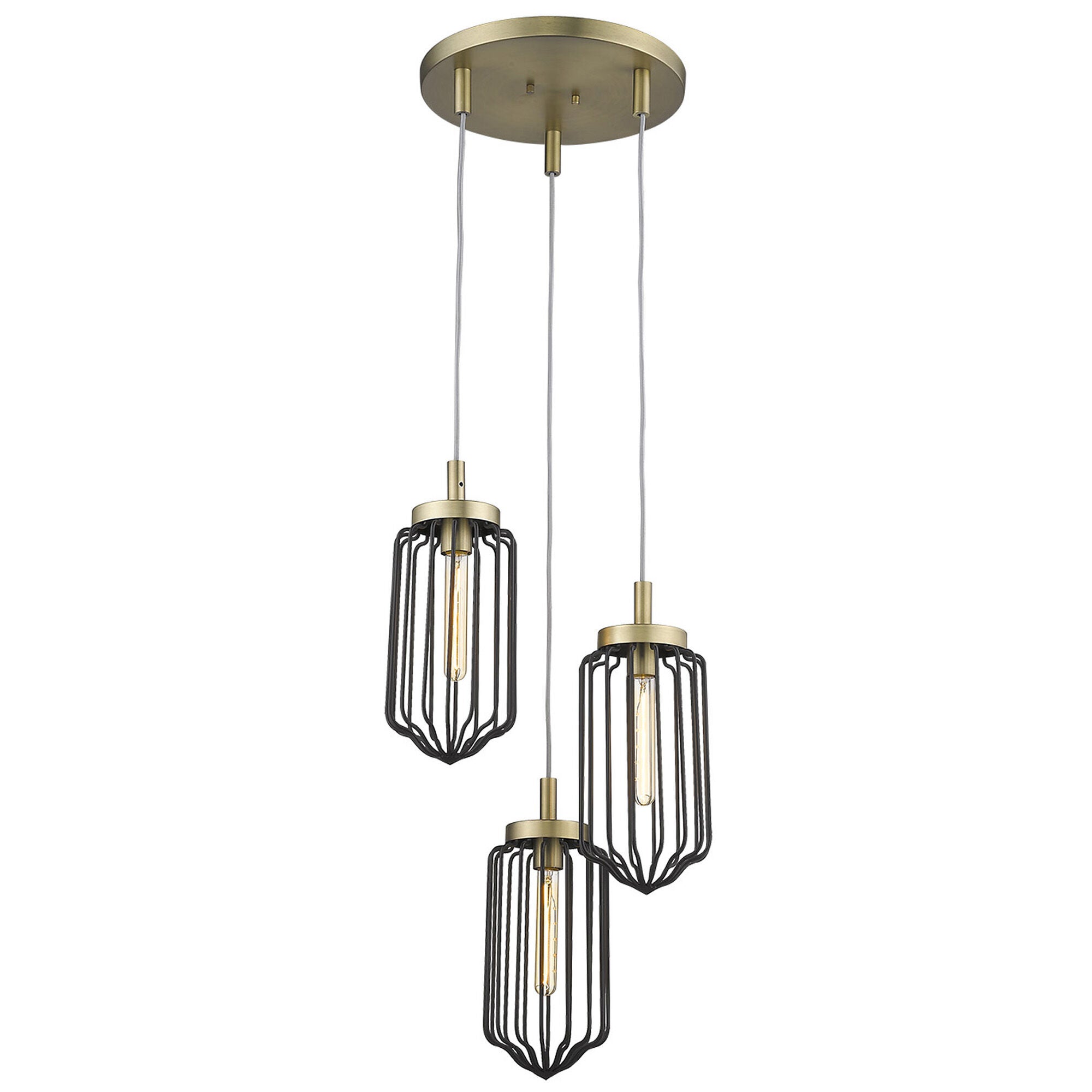 Shown in Aged Brass finish and Black glass and Black, Cylindrical Metal Cage s shade
