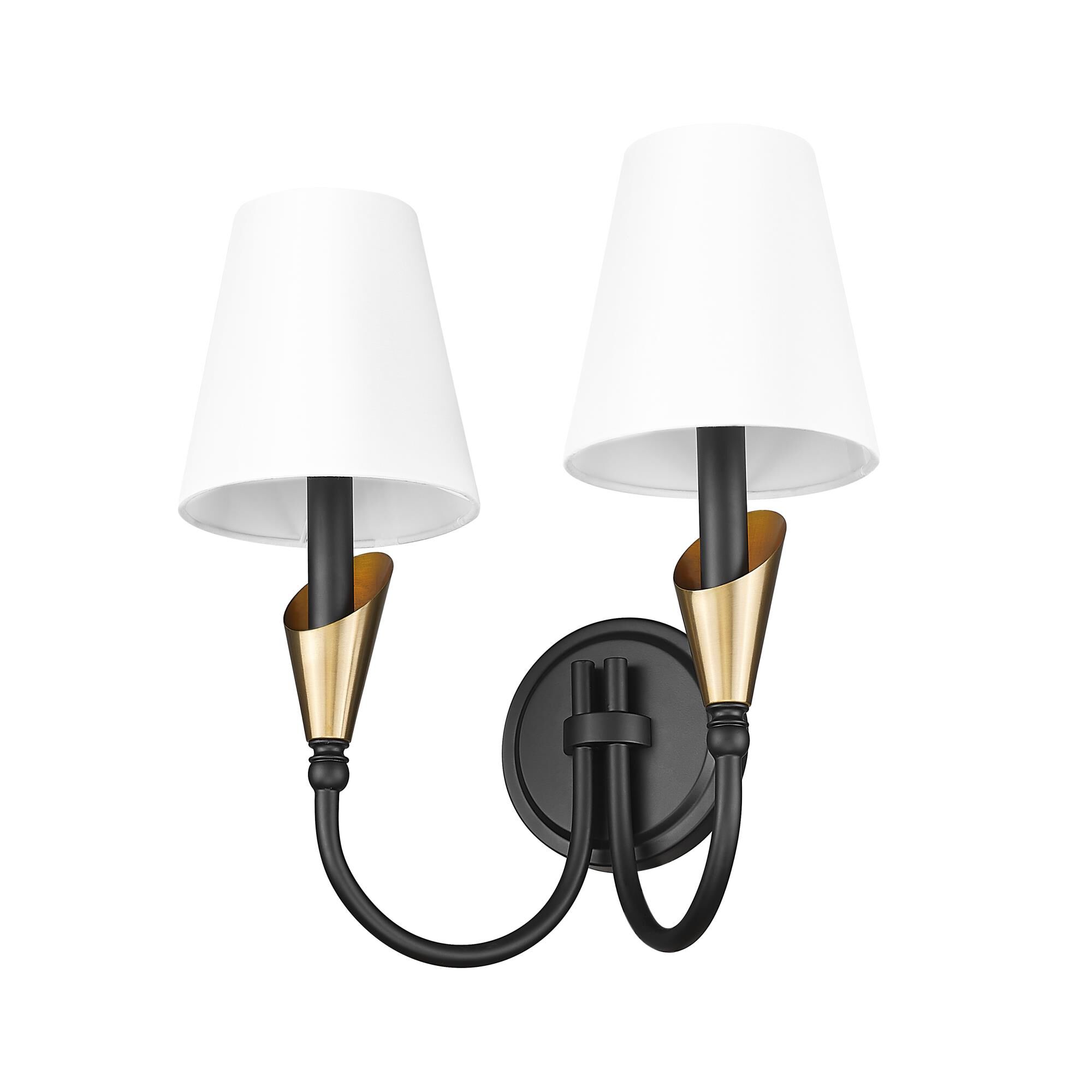 Shown in Matte Black And Modern Gold finish and White glass and White shade