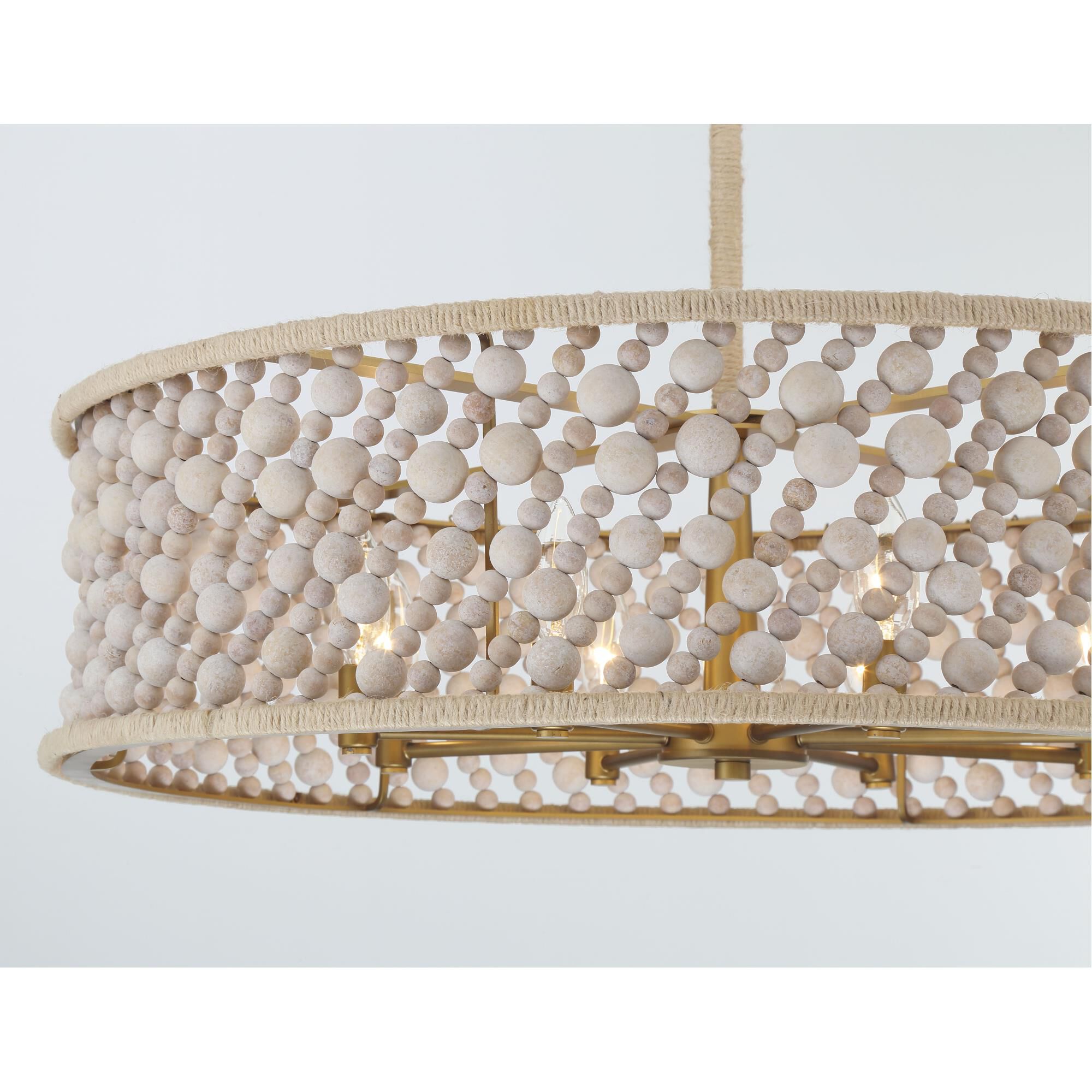 Shown in Legacy Brass (Painted) finish and Bleached glass and Wooden Beads W/Hemp Rope shade