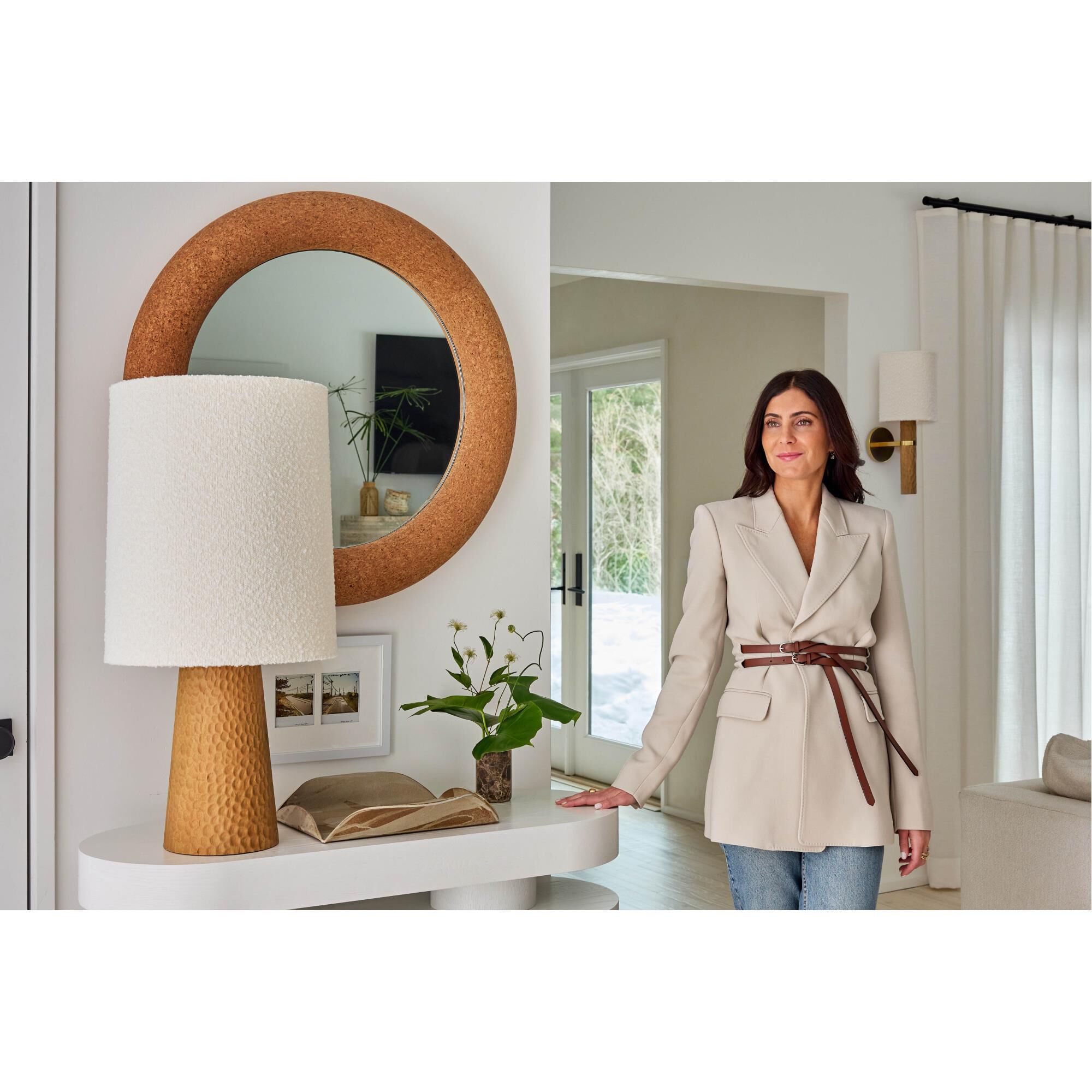 Shown in Aged Brass finish and Boucle shade