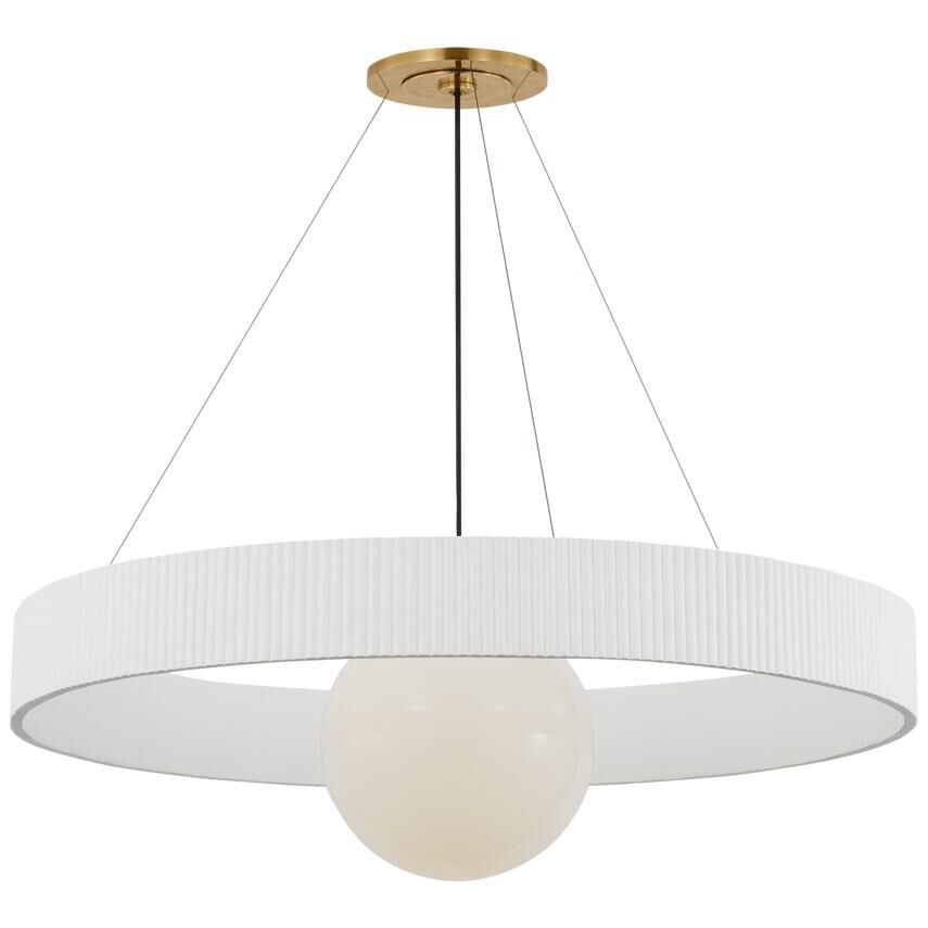 Shown in Hand-Rubbed Antique Brass and Matte White finish and White glass