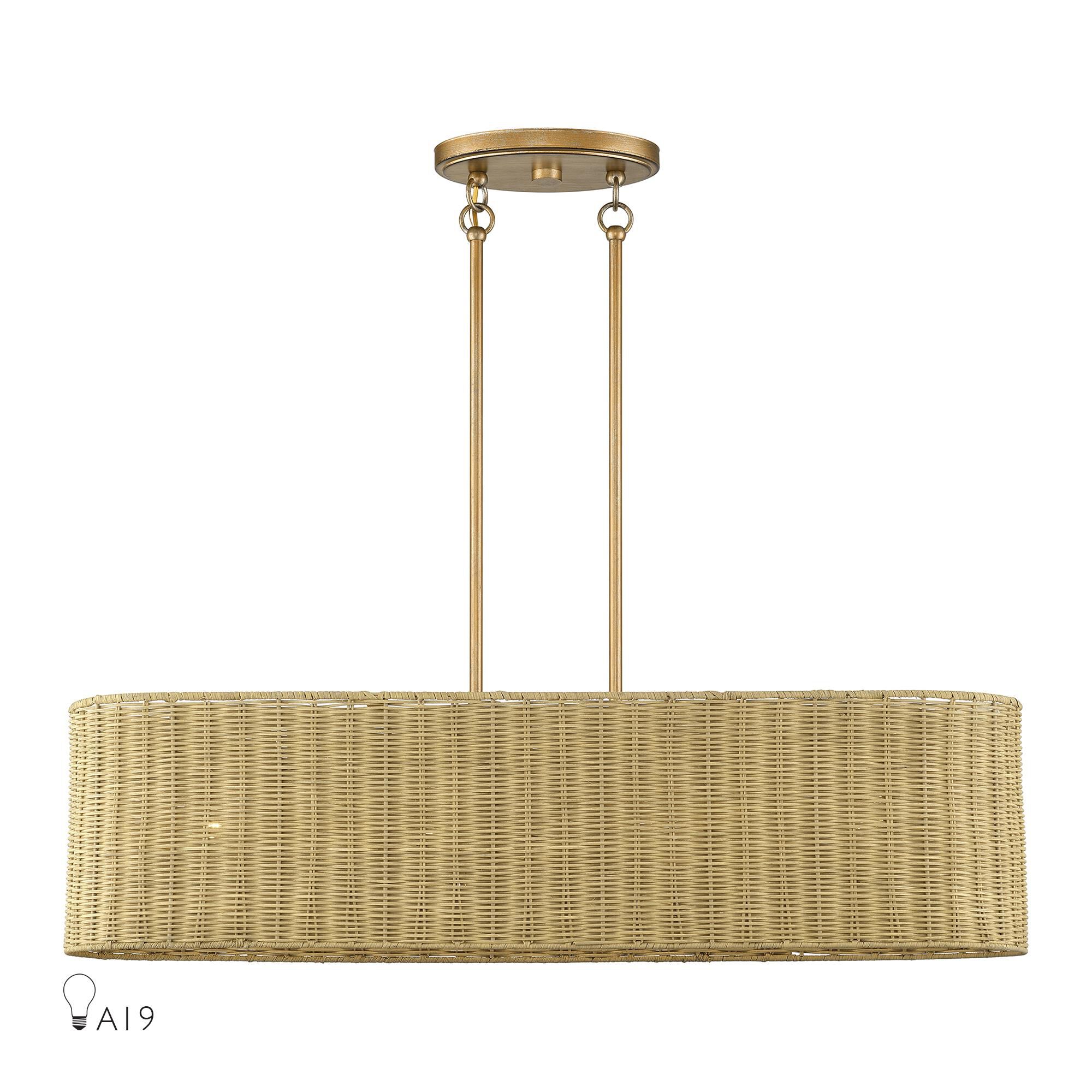 Shown in Antique Gold Leaf finish and Hand-Woven Rustic Walnut Color Rattan shade
