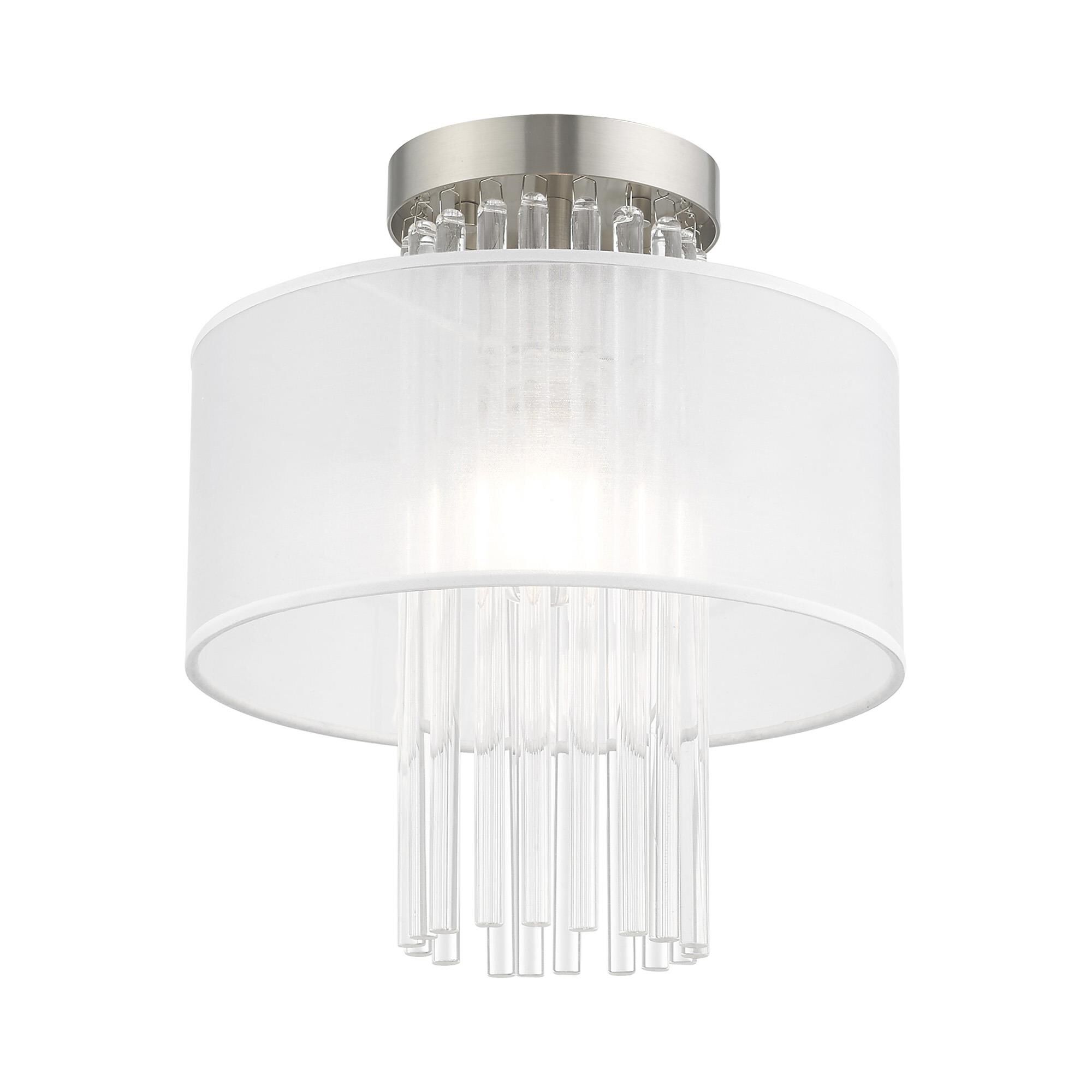 Shown in Brushed Nickel finish and Clear Crystal Rods with Hand Crafted Translucent Fabric shade