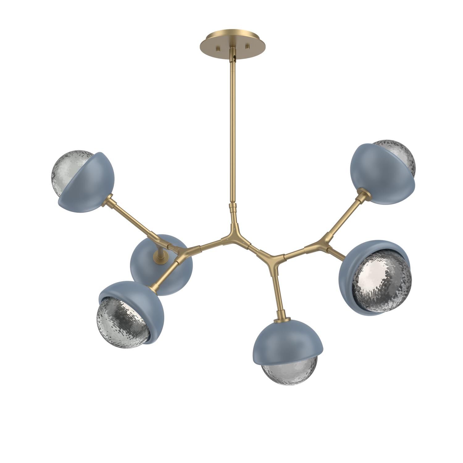 Shown in Gilded Brass finish and Smoke glass and Poppy Blue accent