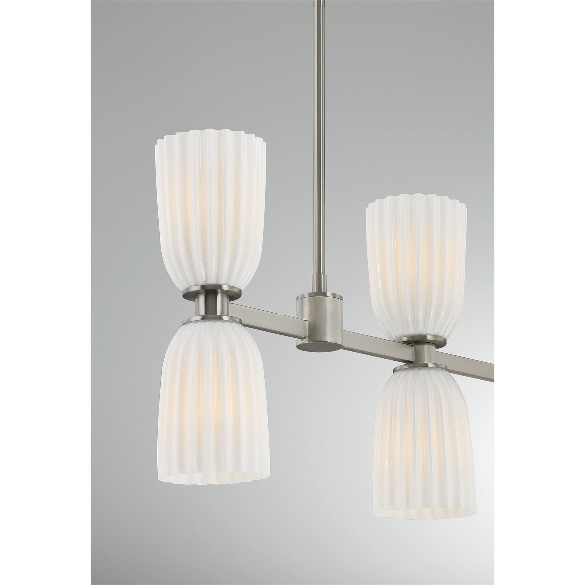 Shown in Satin Nickel finish and White Opal Ribbed glass