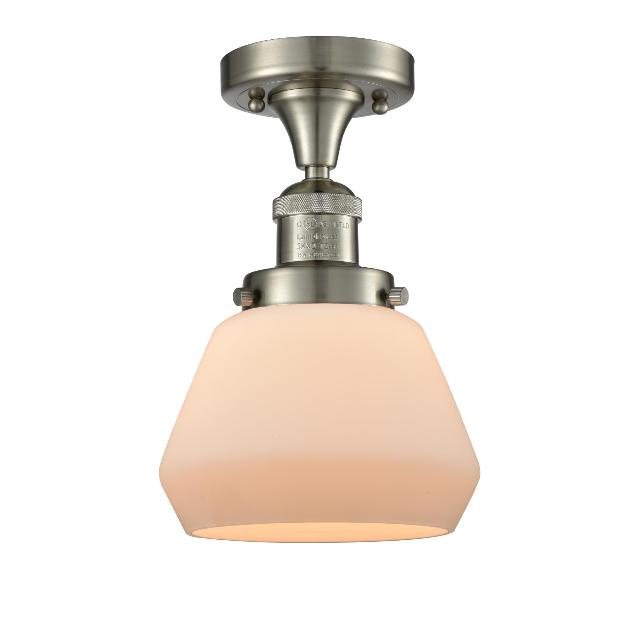 Shown in Brushed Satin Nickel finish and Matte White Cased glass