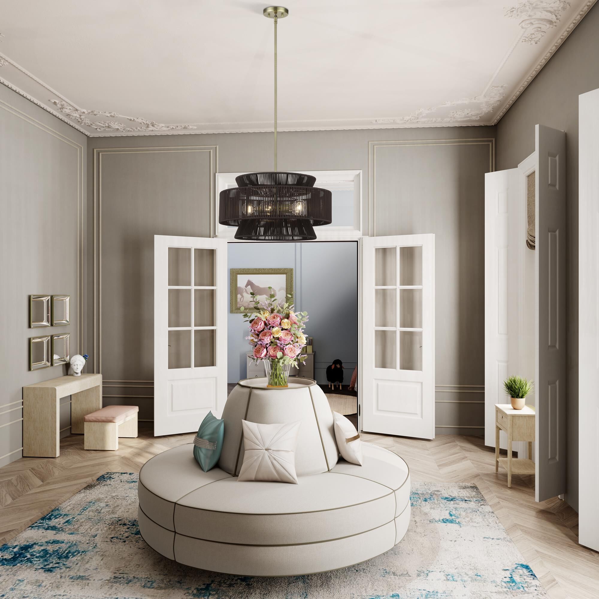 Shown in Antique Brass finish and Hand-Woven Dark Chocolate Color Polyester Rope shade