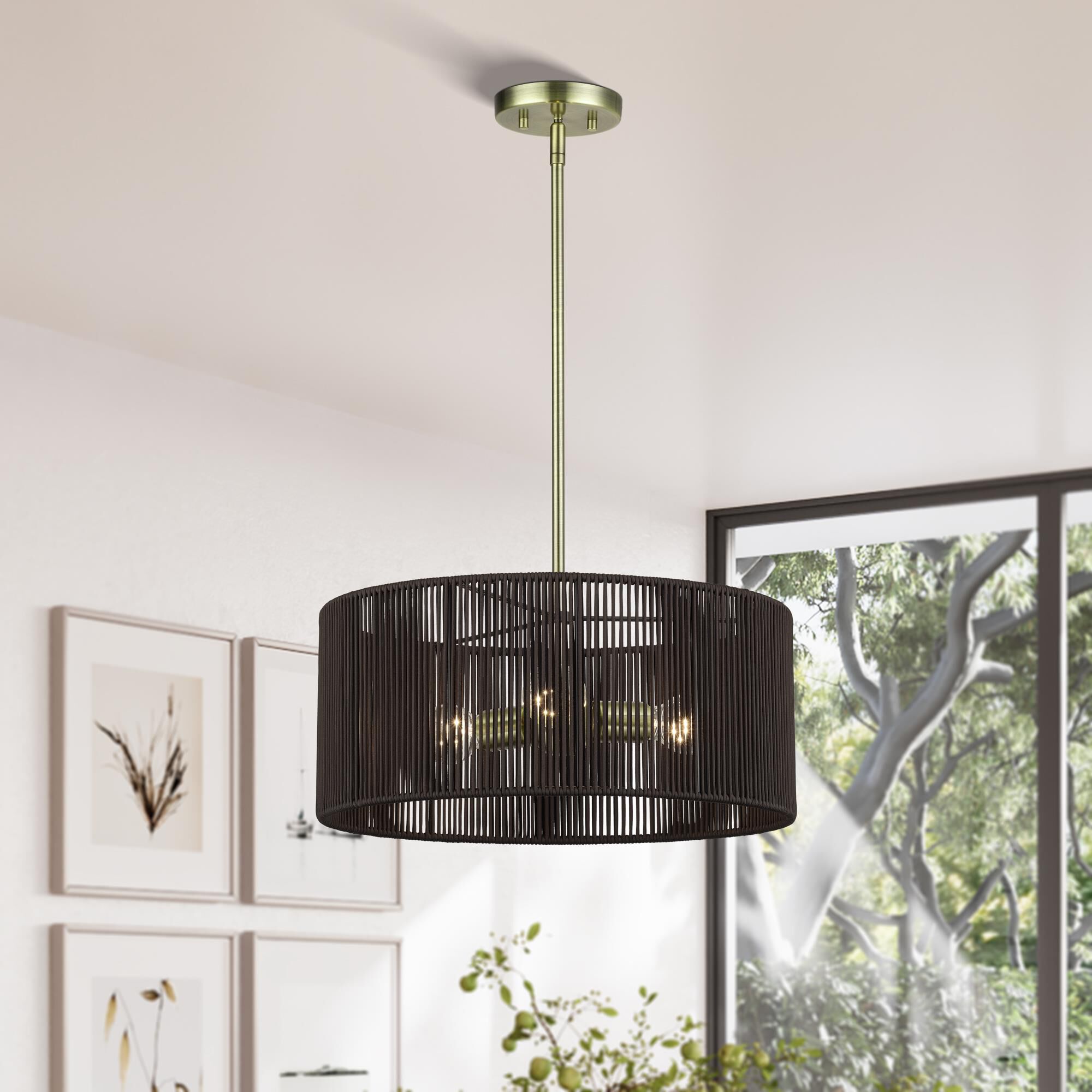 Shown in Antique Brass finish and Hand-Woven Dark Chocolate Color Polyester Rope shade