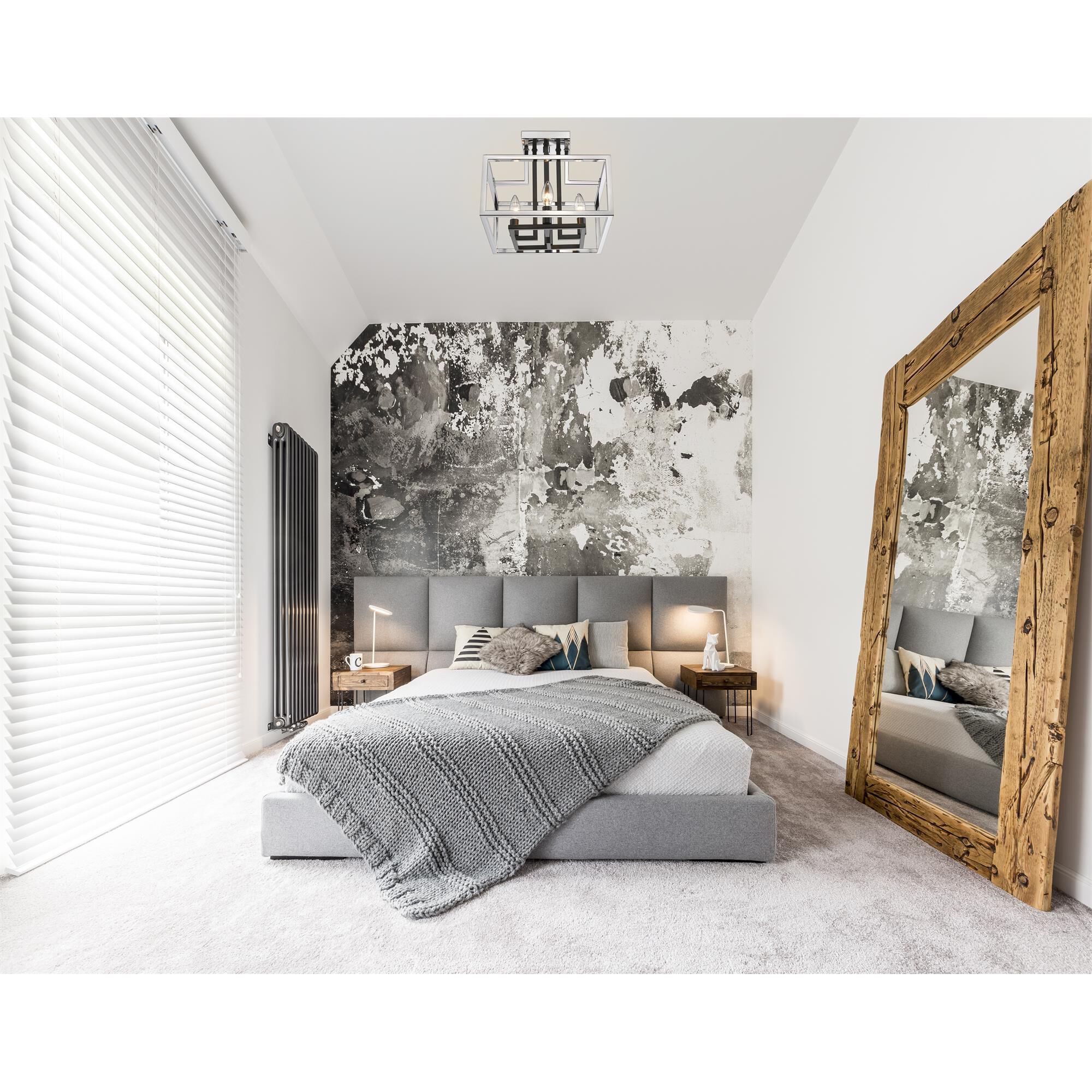 Shown in Chrome + Black finish and --- glass and --- shade