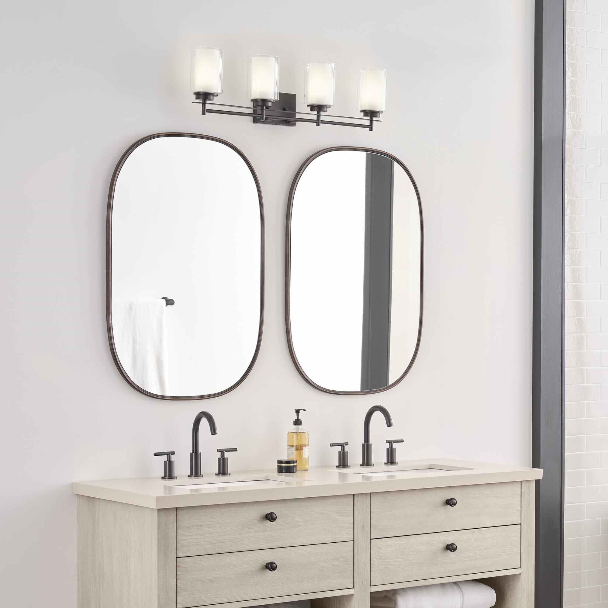 Shown in Bronze finish and Satin Etched and Clear glass