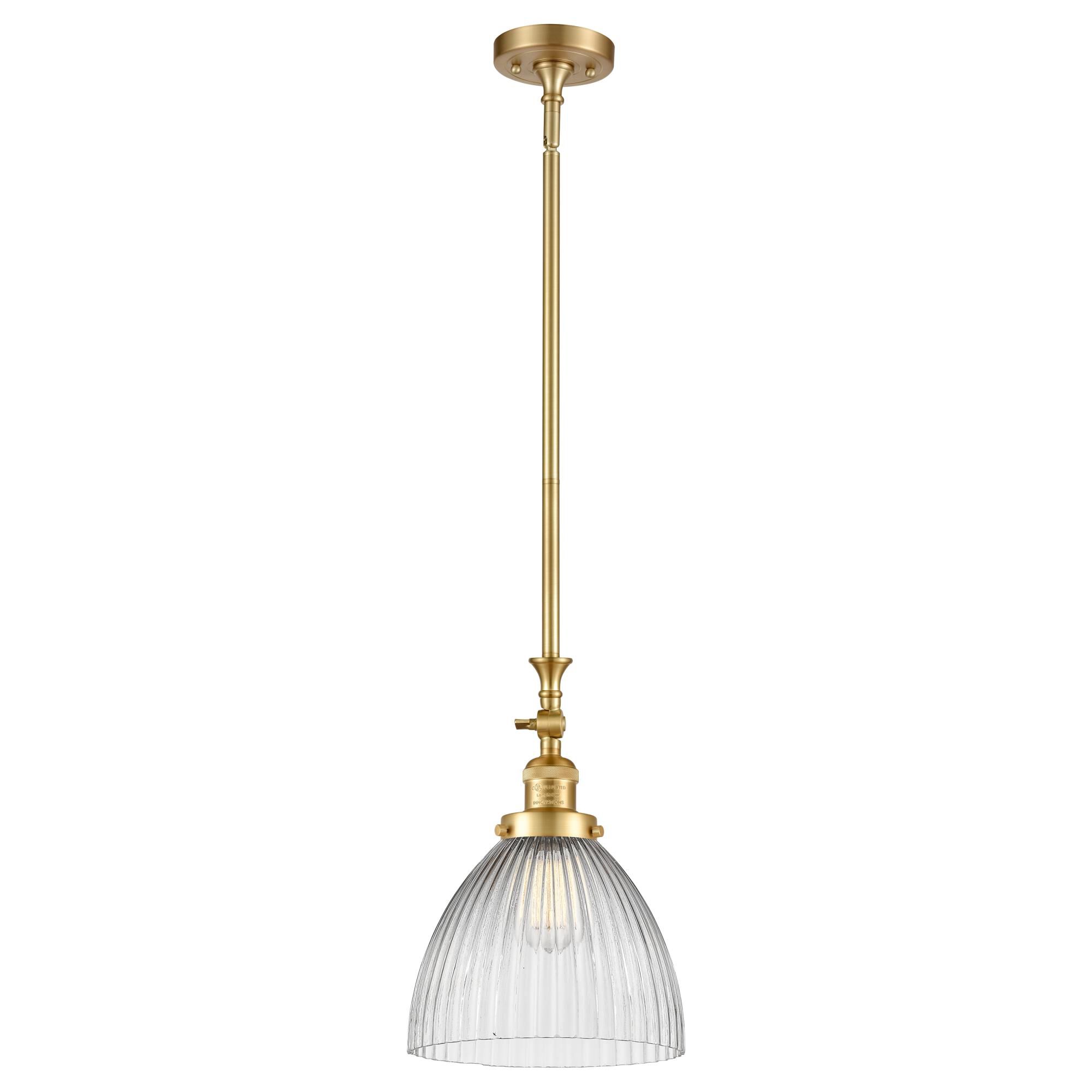 Shown in Satin Gold finish and Clear Halophane Seneca Falls glass