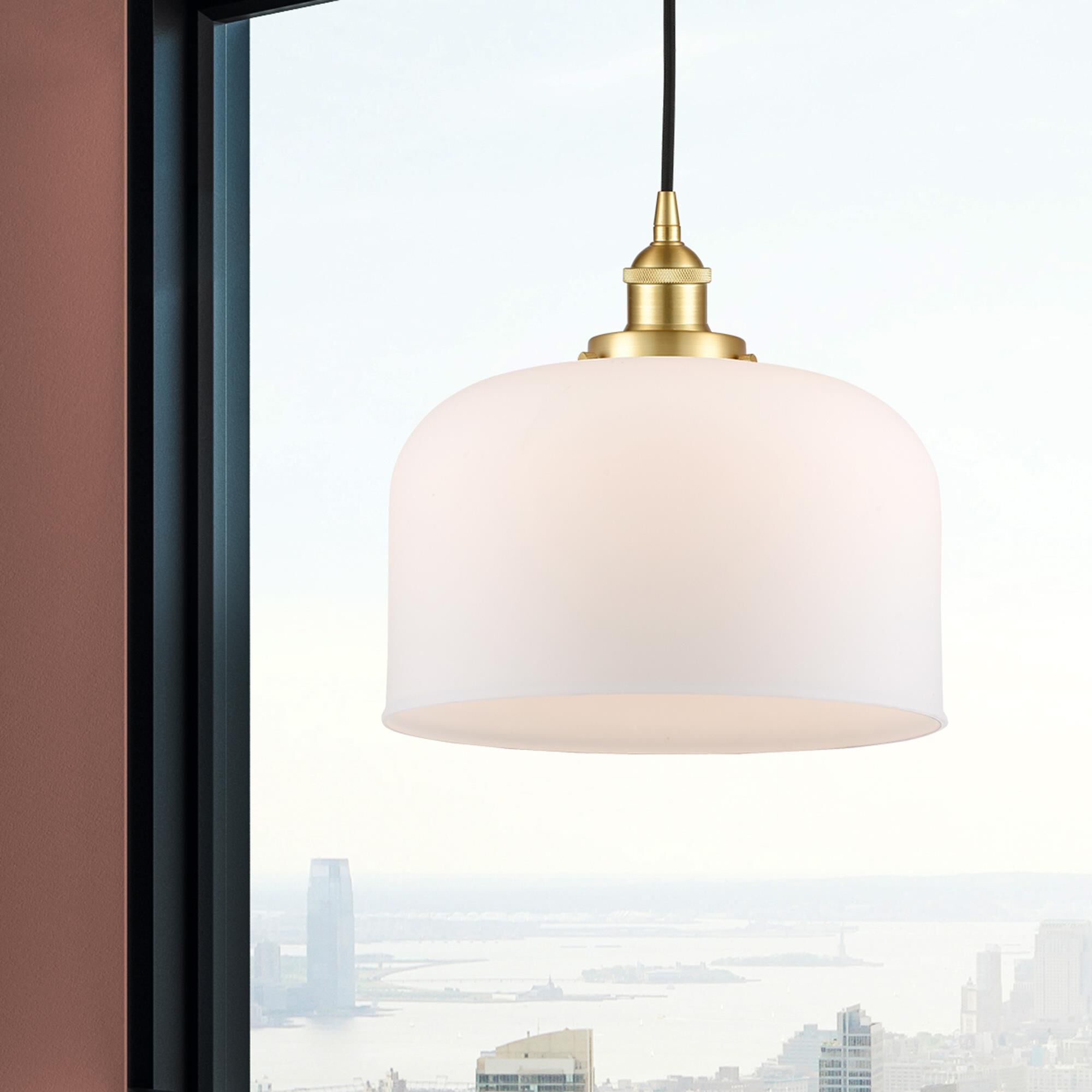 Shown in Satin Gold finish and Matte White Cased X-Large Bell glass