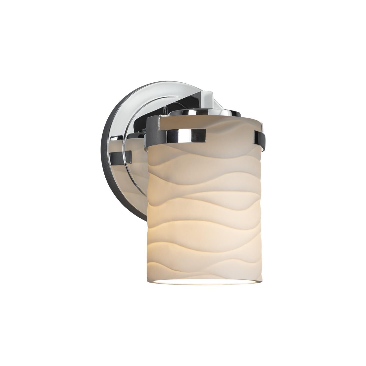 Shown in Polished Chrome finish and Translucent Porcelain glass and Waves shade and Cylinder with Flat Rim accent