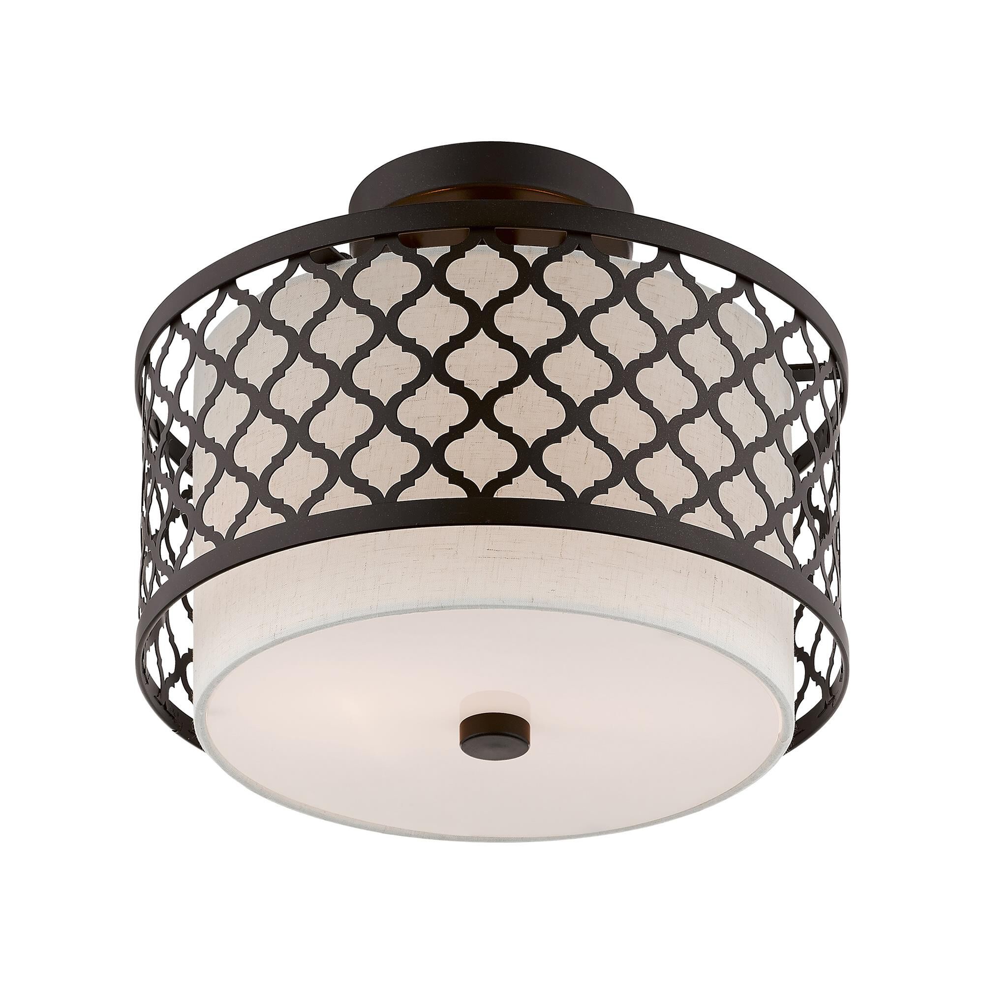 Shown in English Bronze finish and Hand Crafted Oatmeal Color Fabric Outside & White Fabric Inside Hardback shade