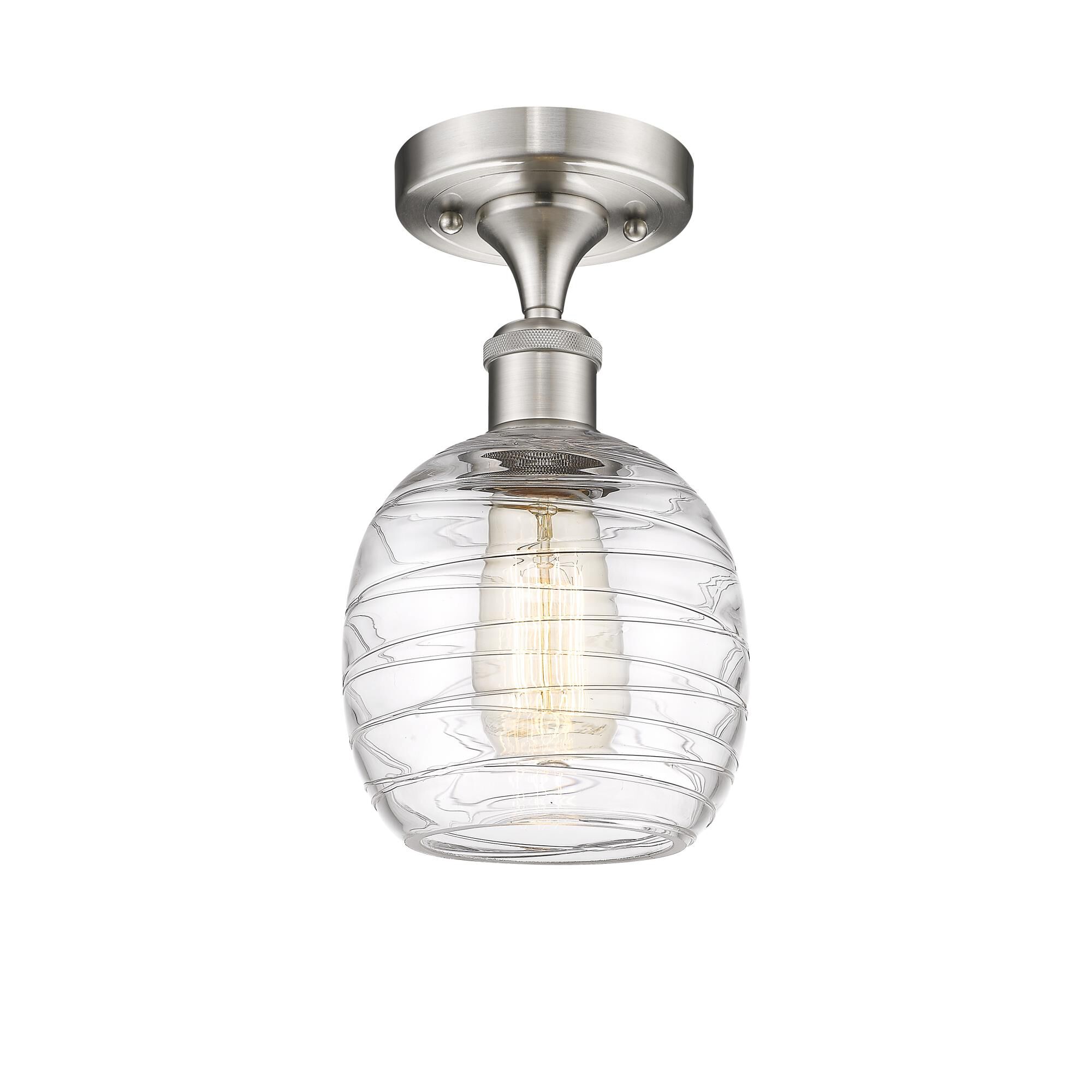 Shown in Brushed Satin Nickel finish and Deco Swirl Belfast glass