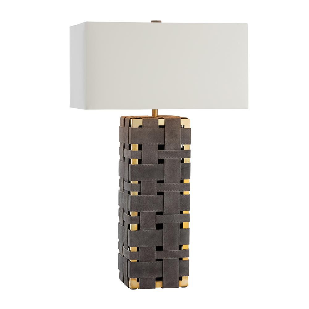 Shown in Moss Gray-Polished Brass finish and Ivory-Gold Microfiber Hardback shade 