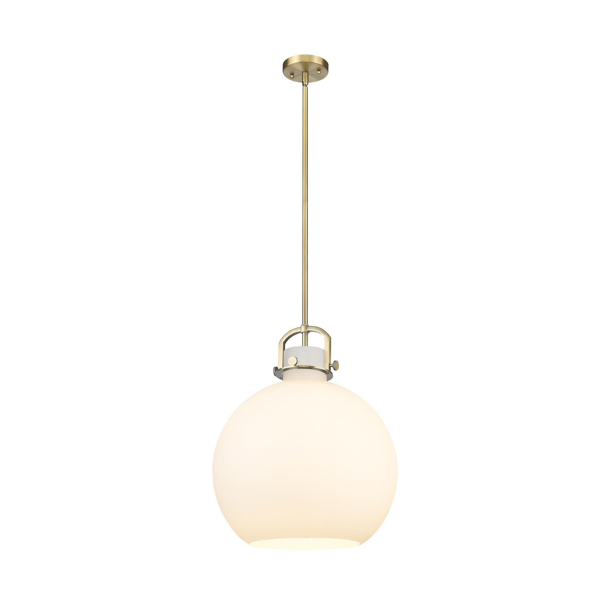 Shown in Brushed Brass finish and Matte White glass