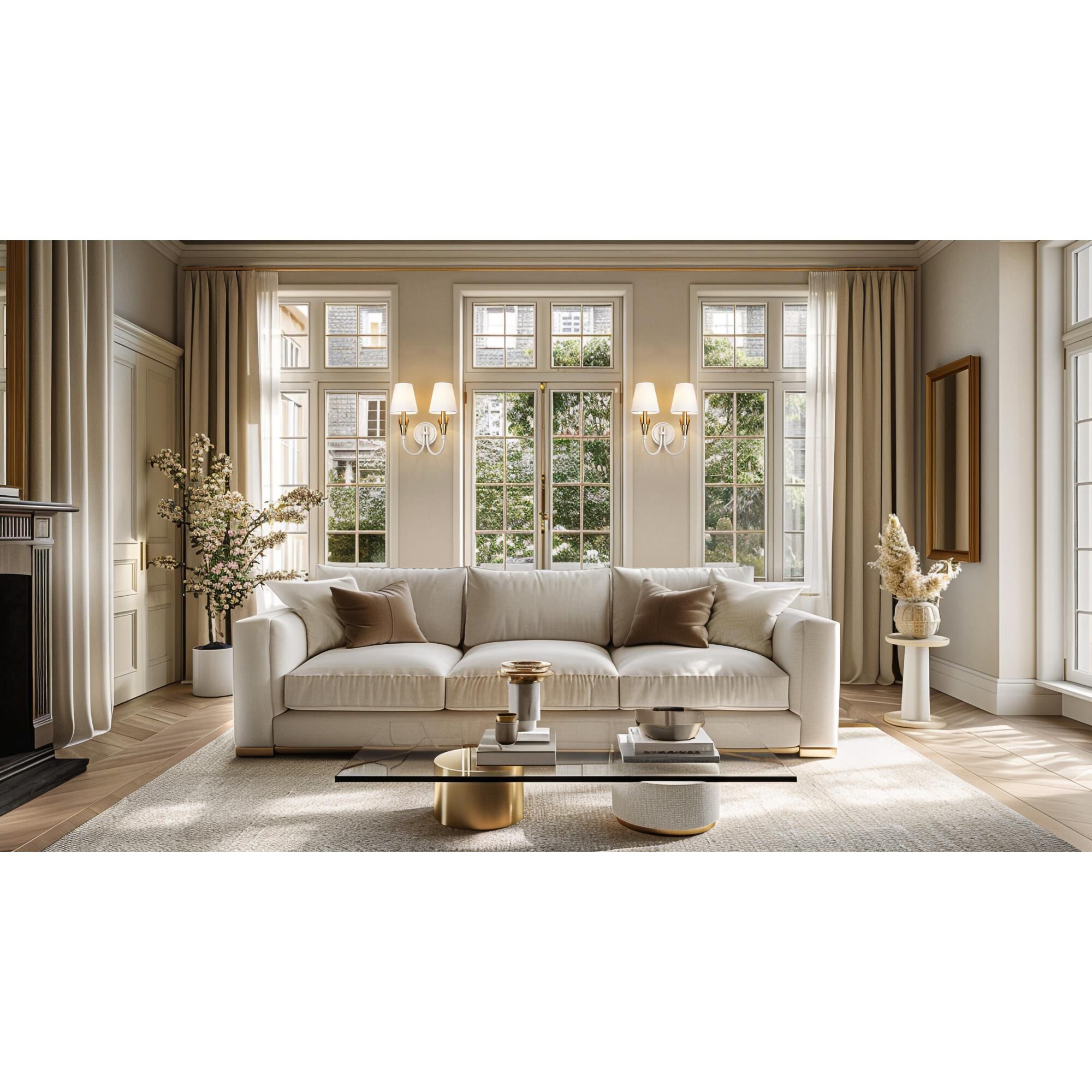 Shown in Textured White And Modern Gold finish and White glass and White shade