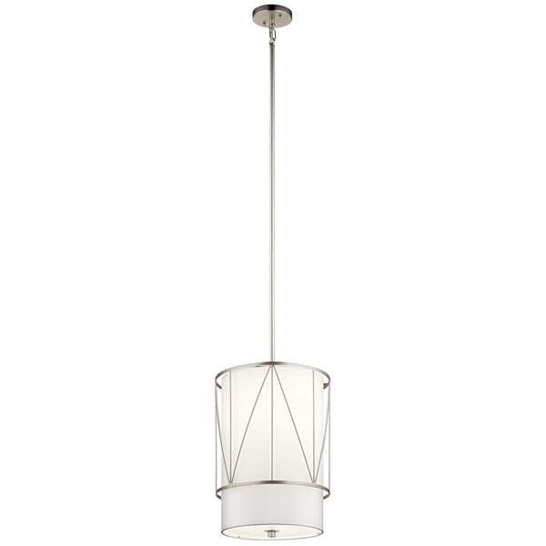Shown in Satin Nickel finish and Satin Etched glass and White Fabric shade