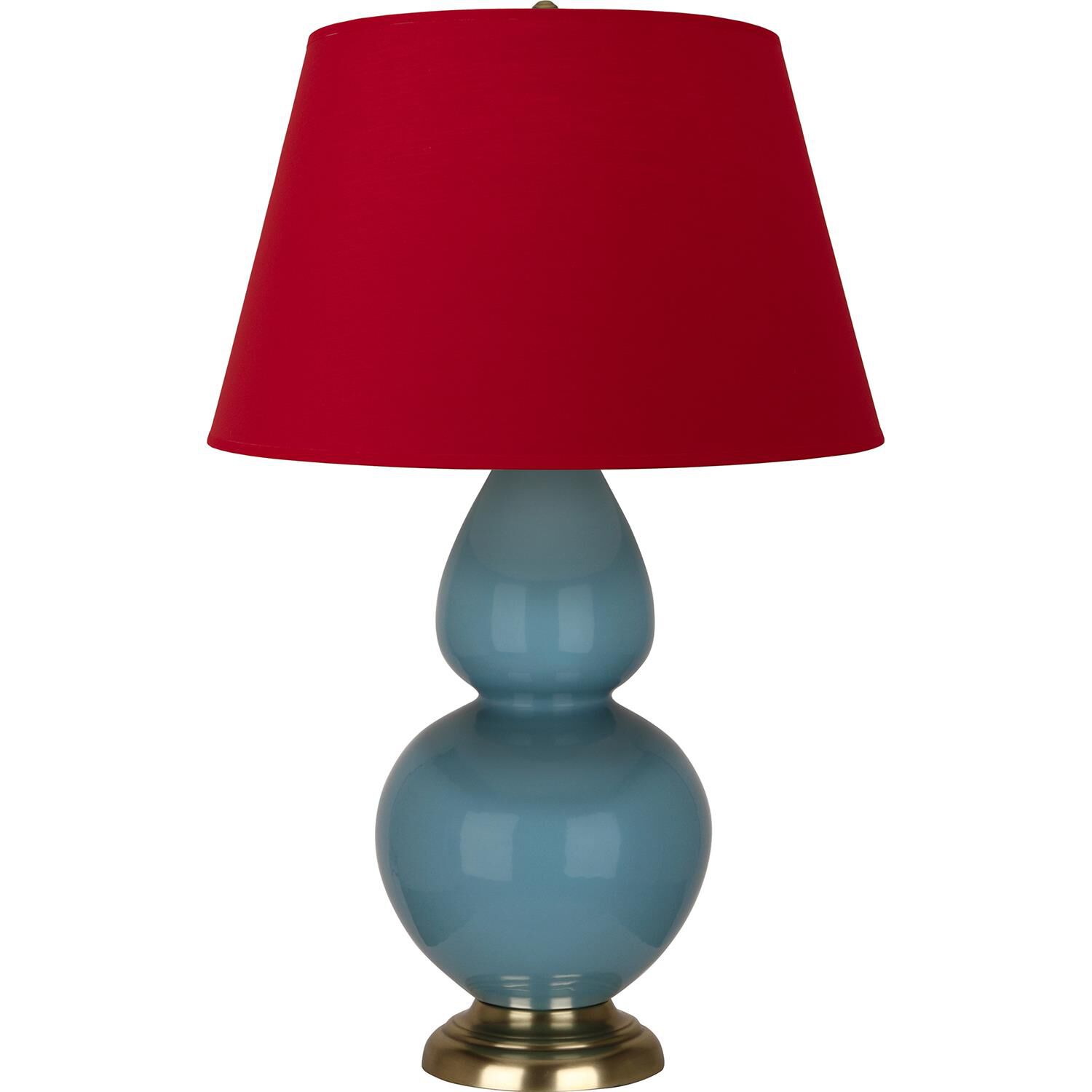 Shown in Steel Blue finish and Black and Red shade and Antique Brass accent