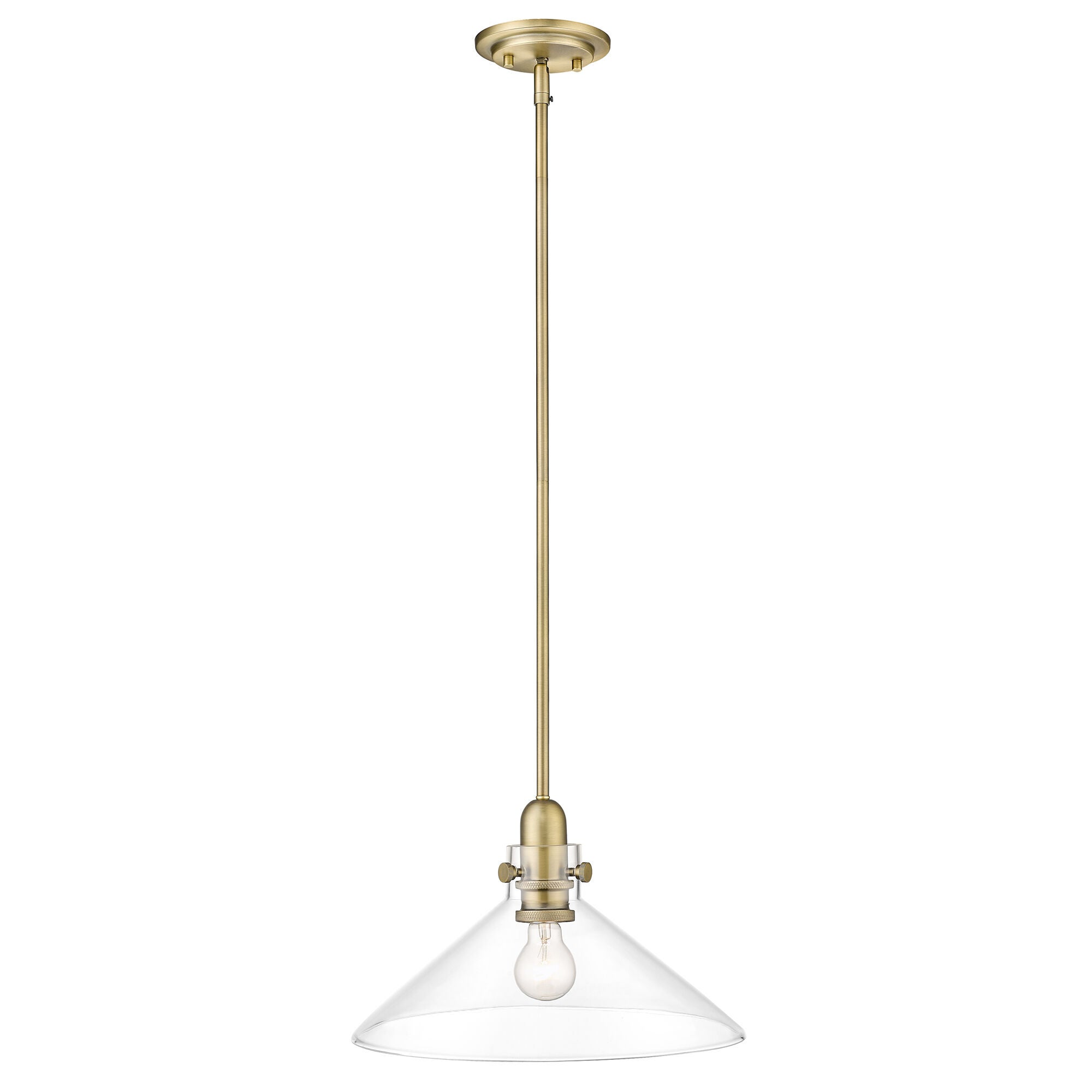 Shown in Antique Brass finish and Clear Glass shade