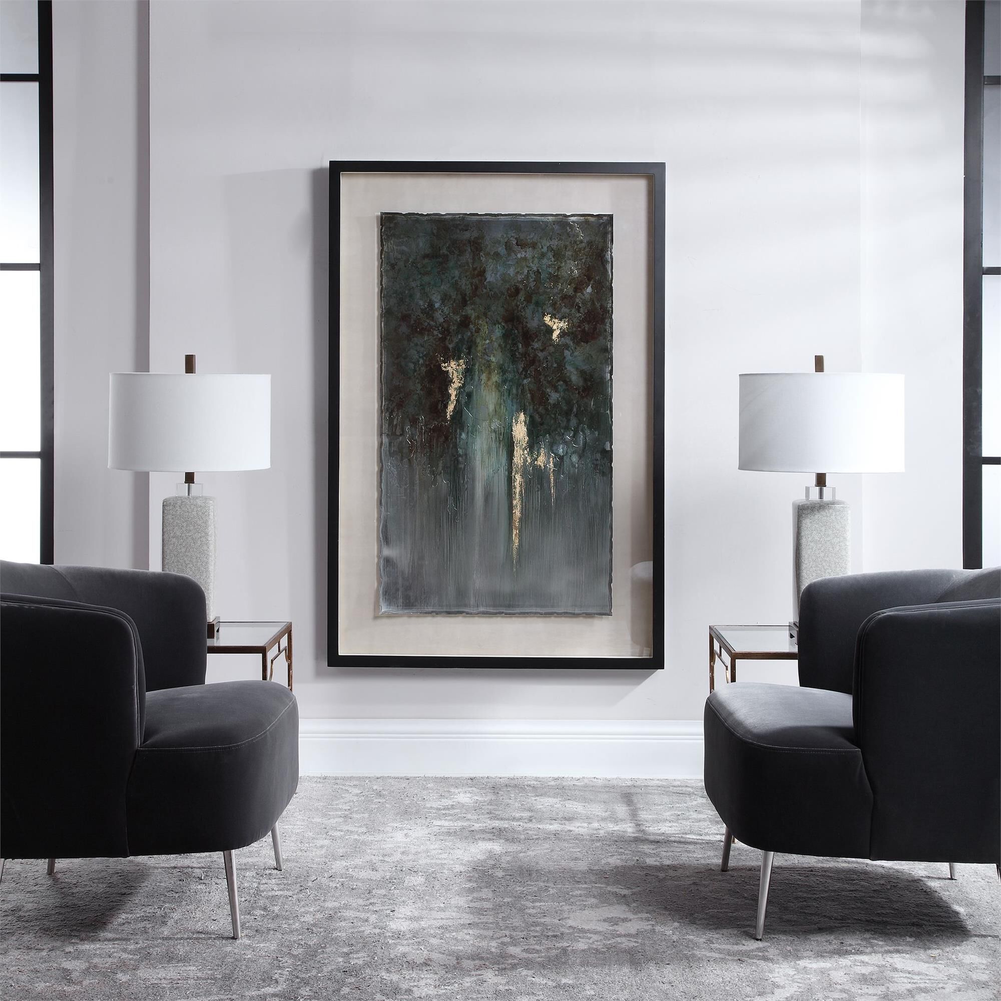 Shown in Matte Black Frame With Tan Background And Under Glass, Burnt Metal, Heavy On Edges, Blues, Greens, B finish