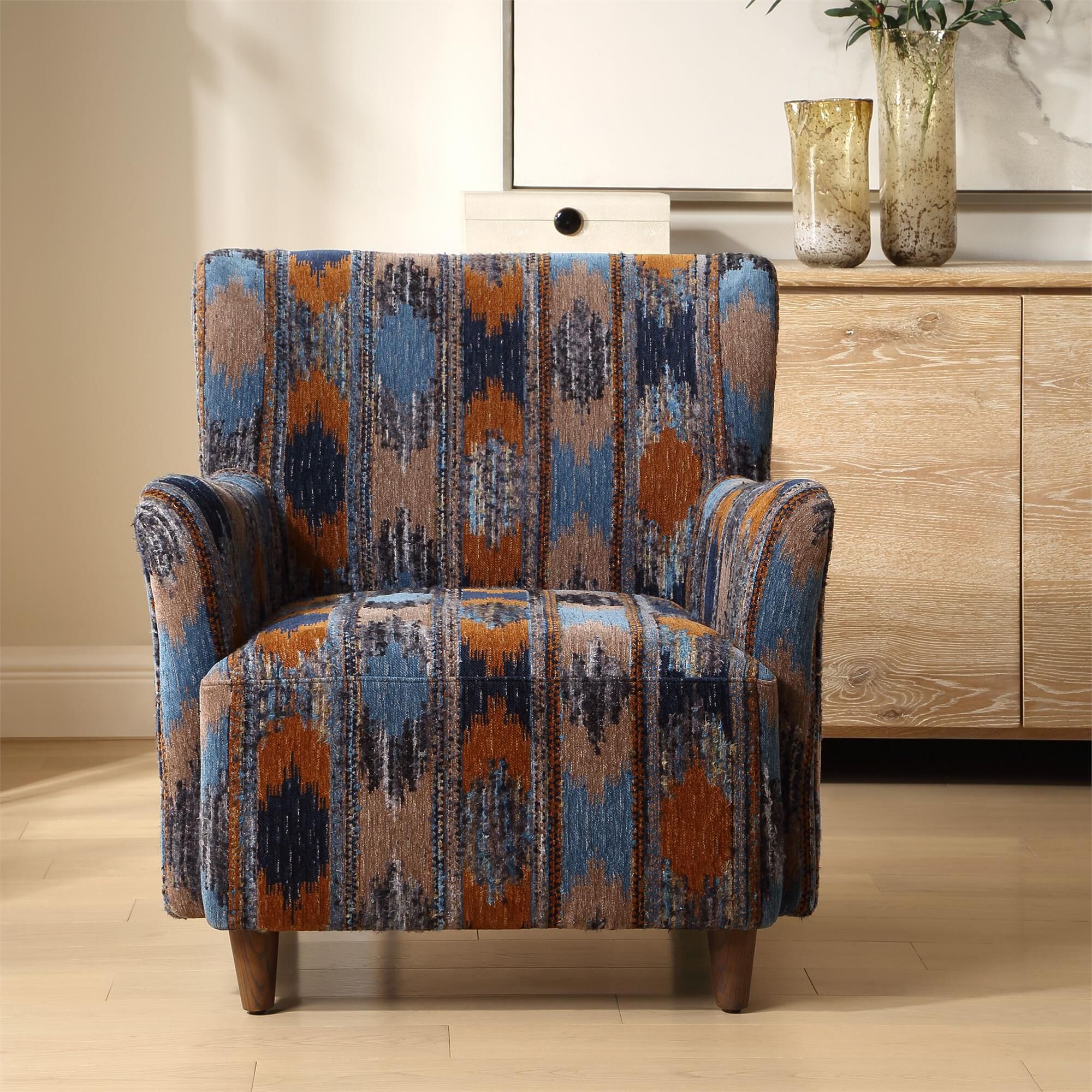 Shown in Blue, Brown, Orange finish
