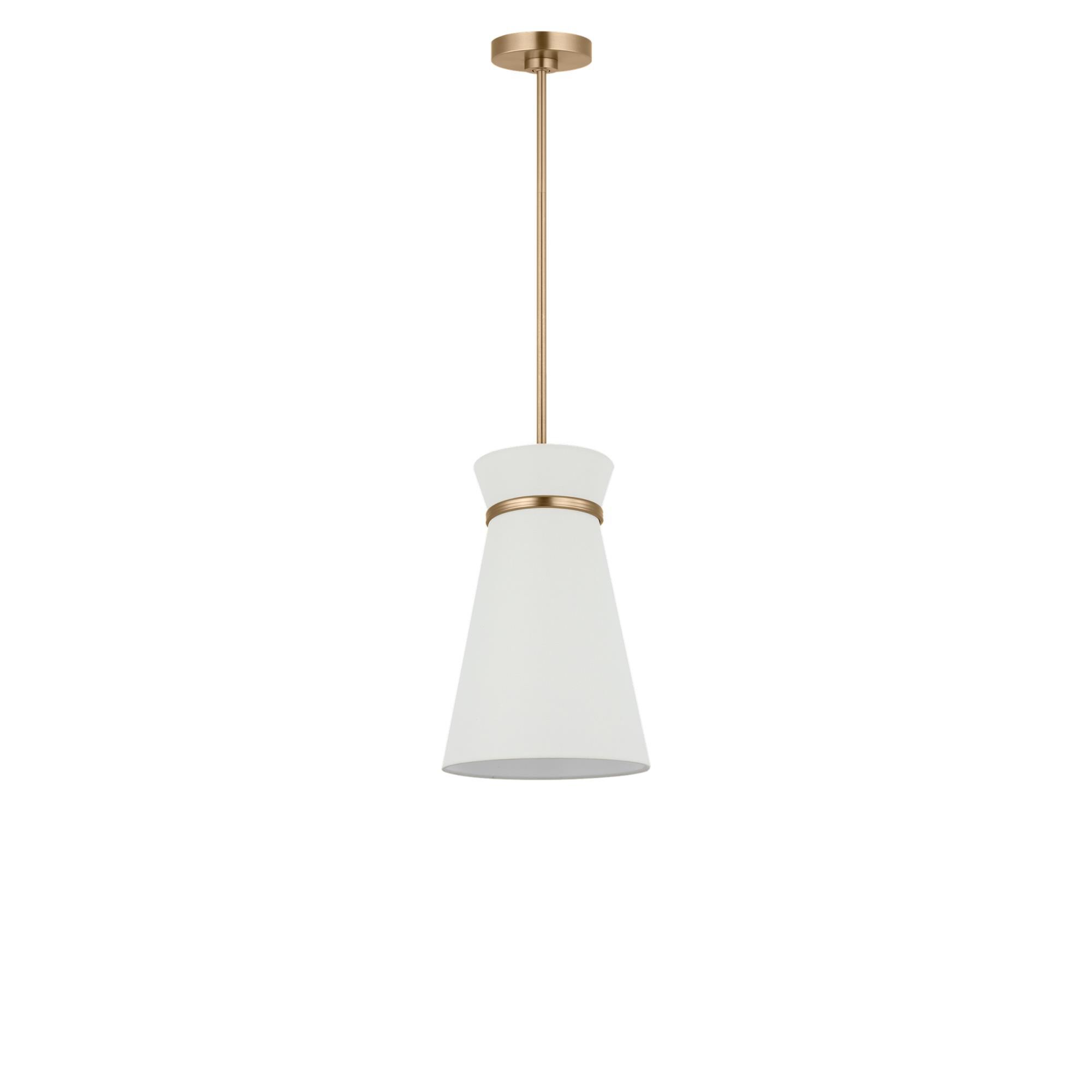 Shown in Satin Brass finish and White Linen shade