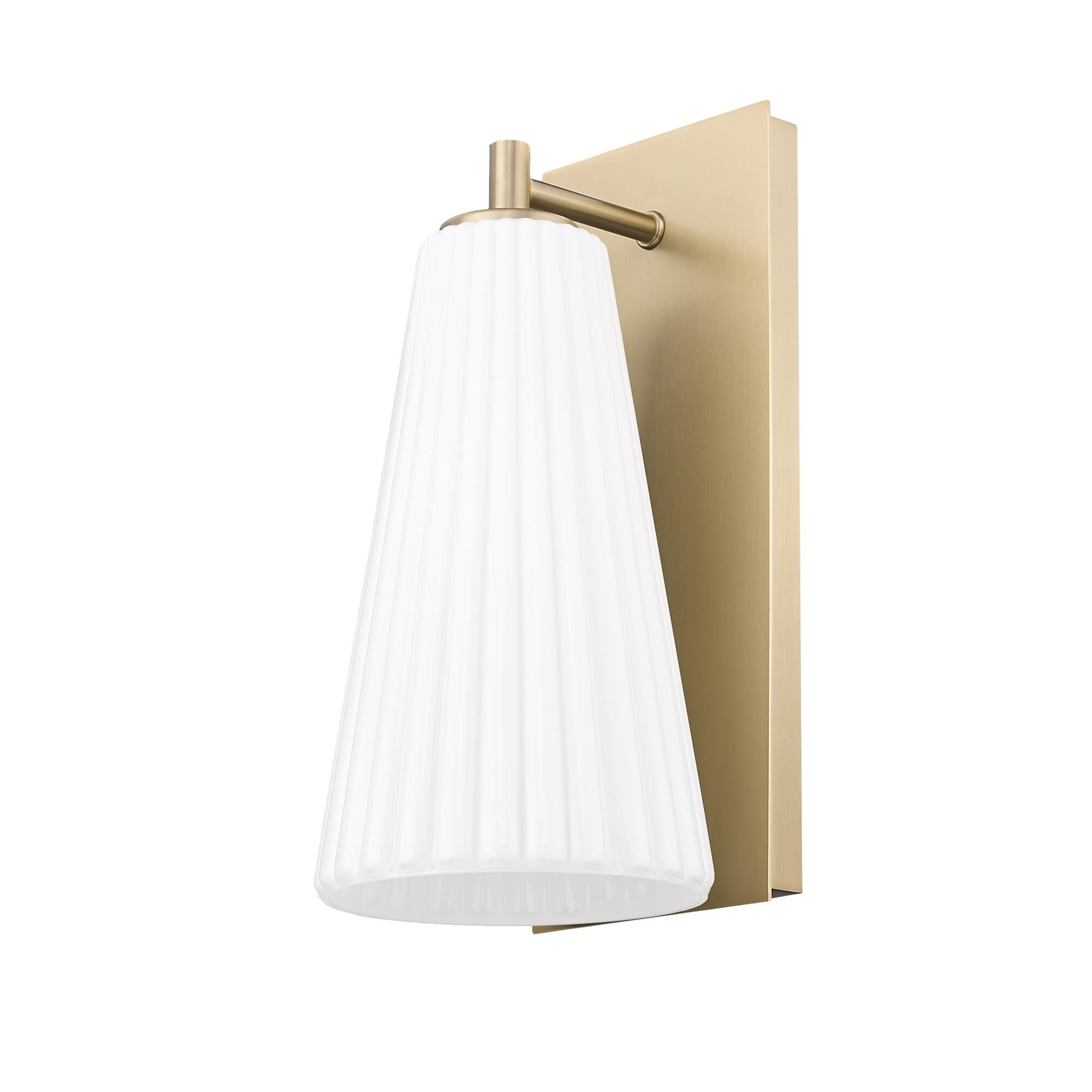 Shown in Modern Gold finish and White glass and White shade