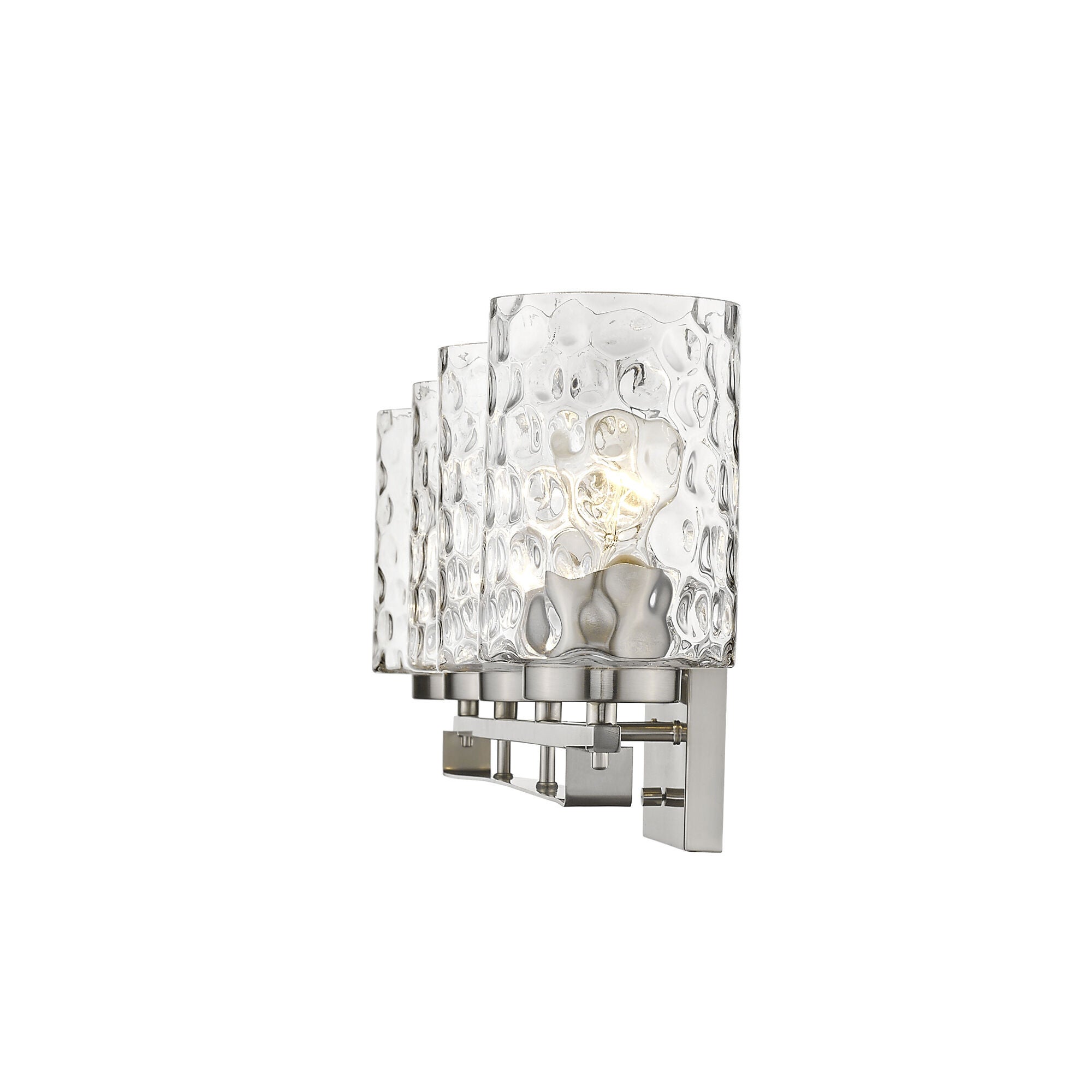 Shown in Satin Nickel finish and Clear glass and Clear, Optic Cylindrical Glass shade