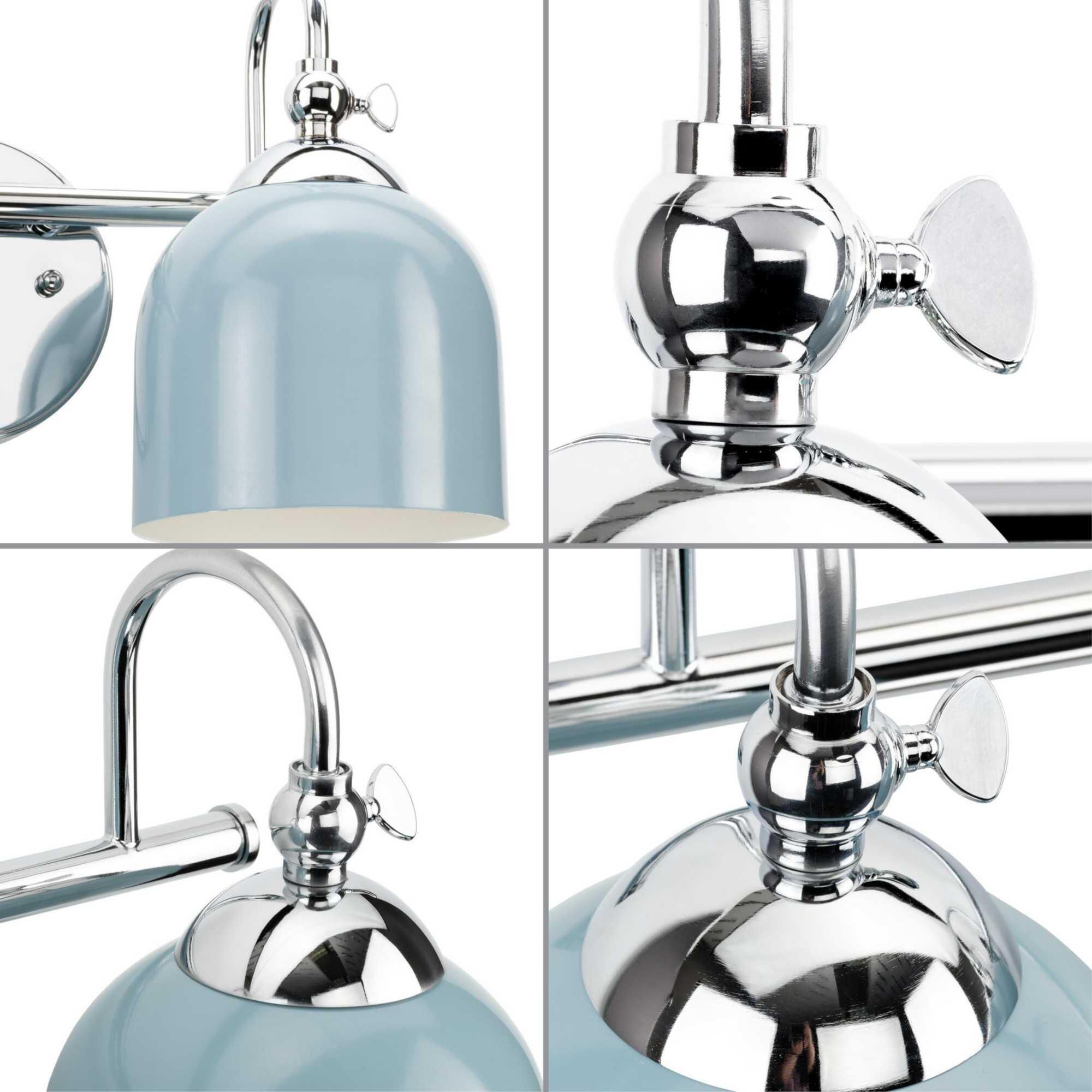 Shown in Polished Chrome finish and Coastal Blue glass