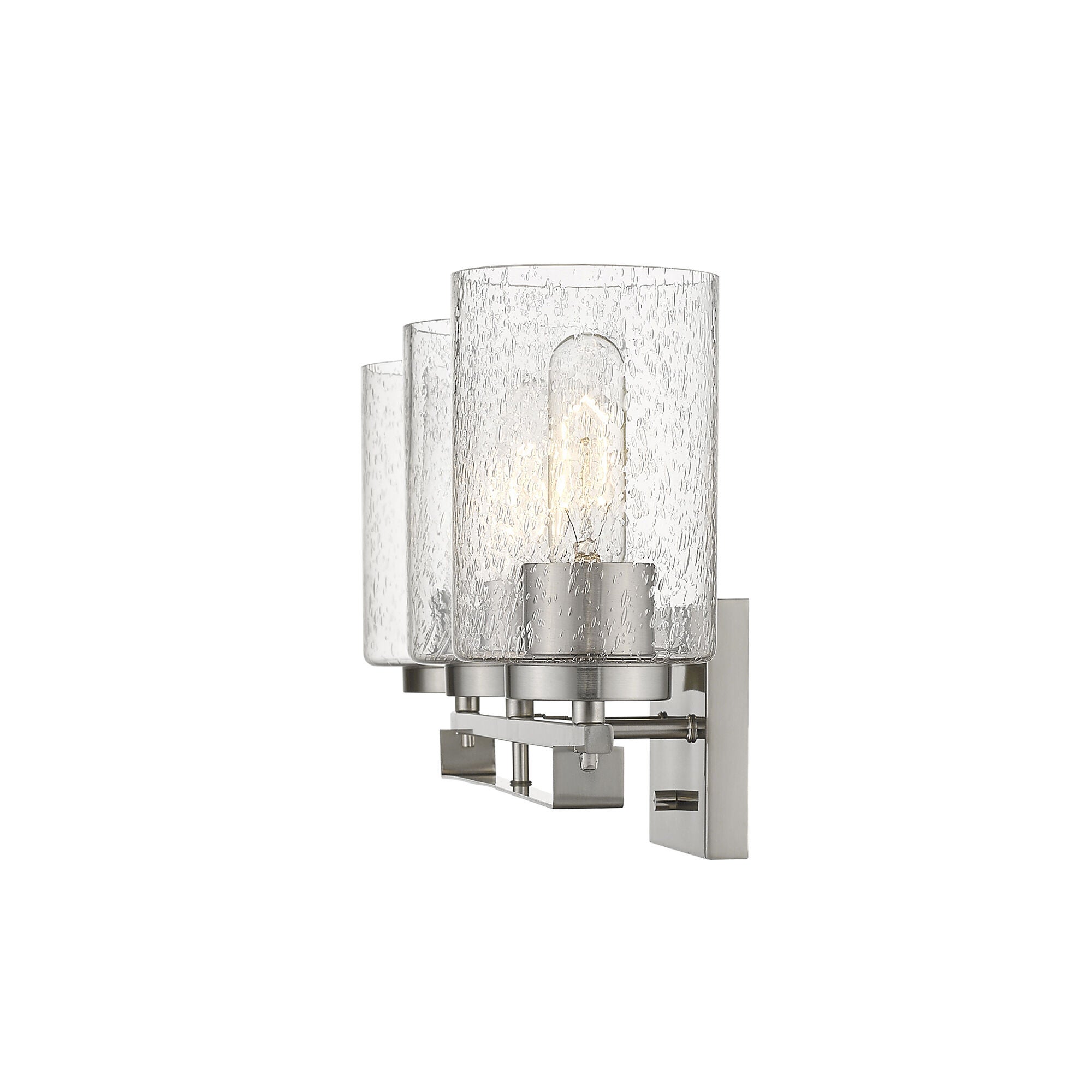 Shown in Satin Nickel finish and Clear glass and Clear, Seeded Cylindrical Glass s shade
