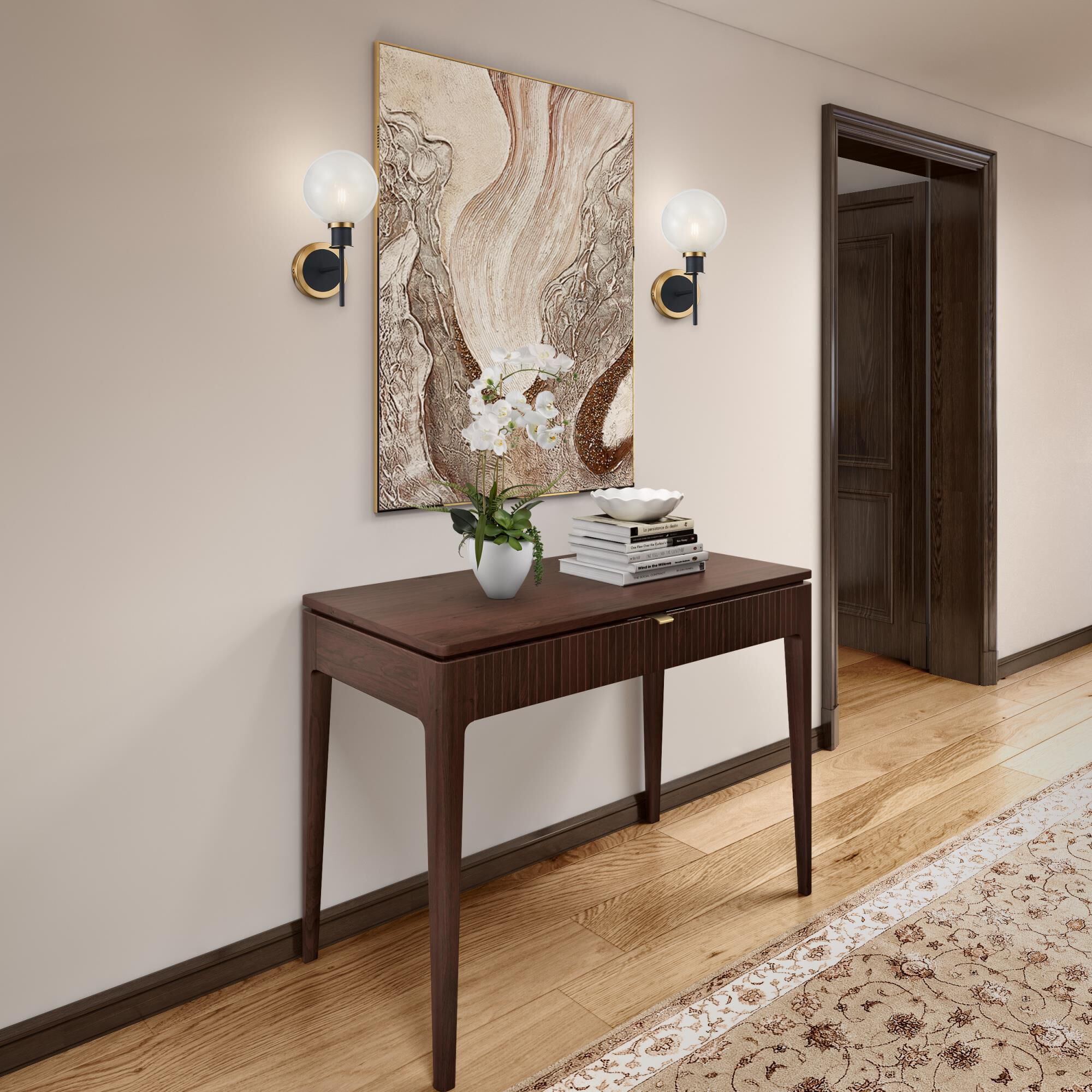 Shown in Black and Brushed Brass finish and Blizzard glass