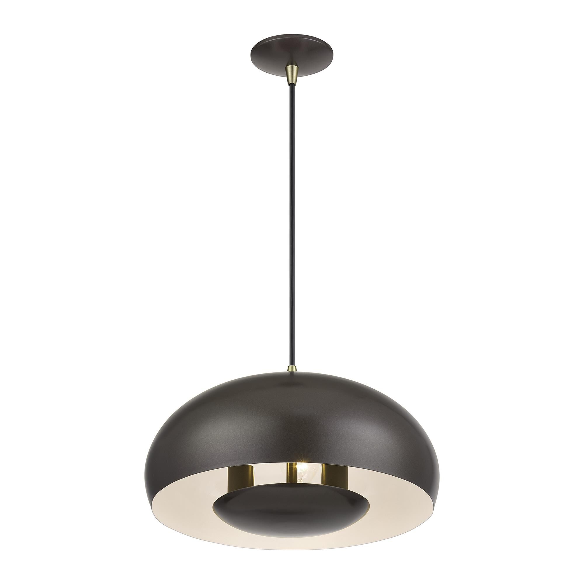 Shown in English Bronze with Antique Brass Accents finish and English Bronze Steel with Shiny White Inside shade