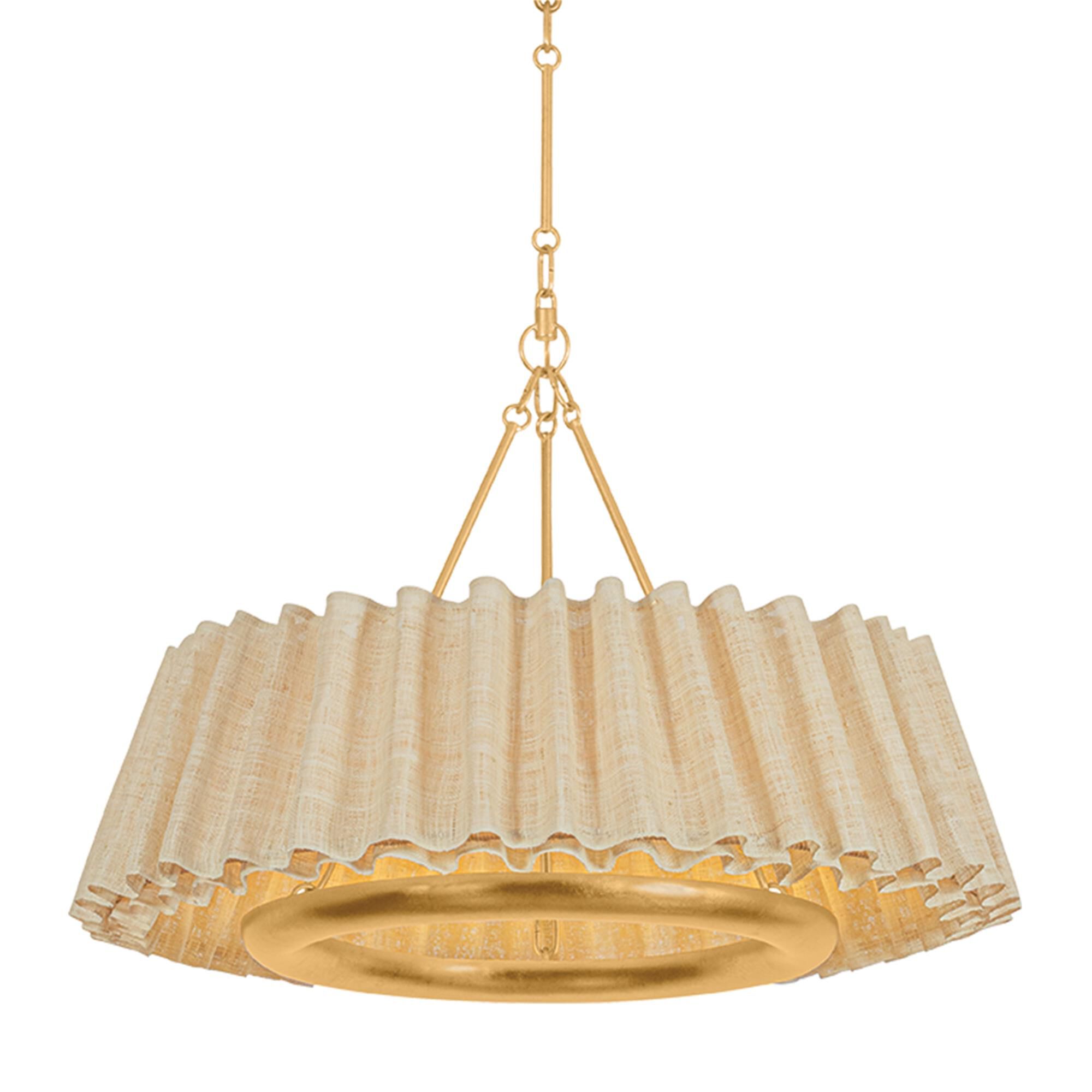 Shown in Vintage Gold Leaf finish and Raffia Ruffle Natural Woven shade