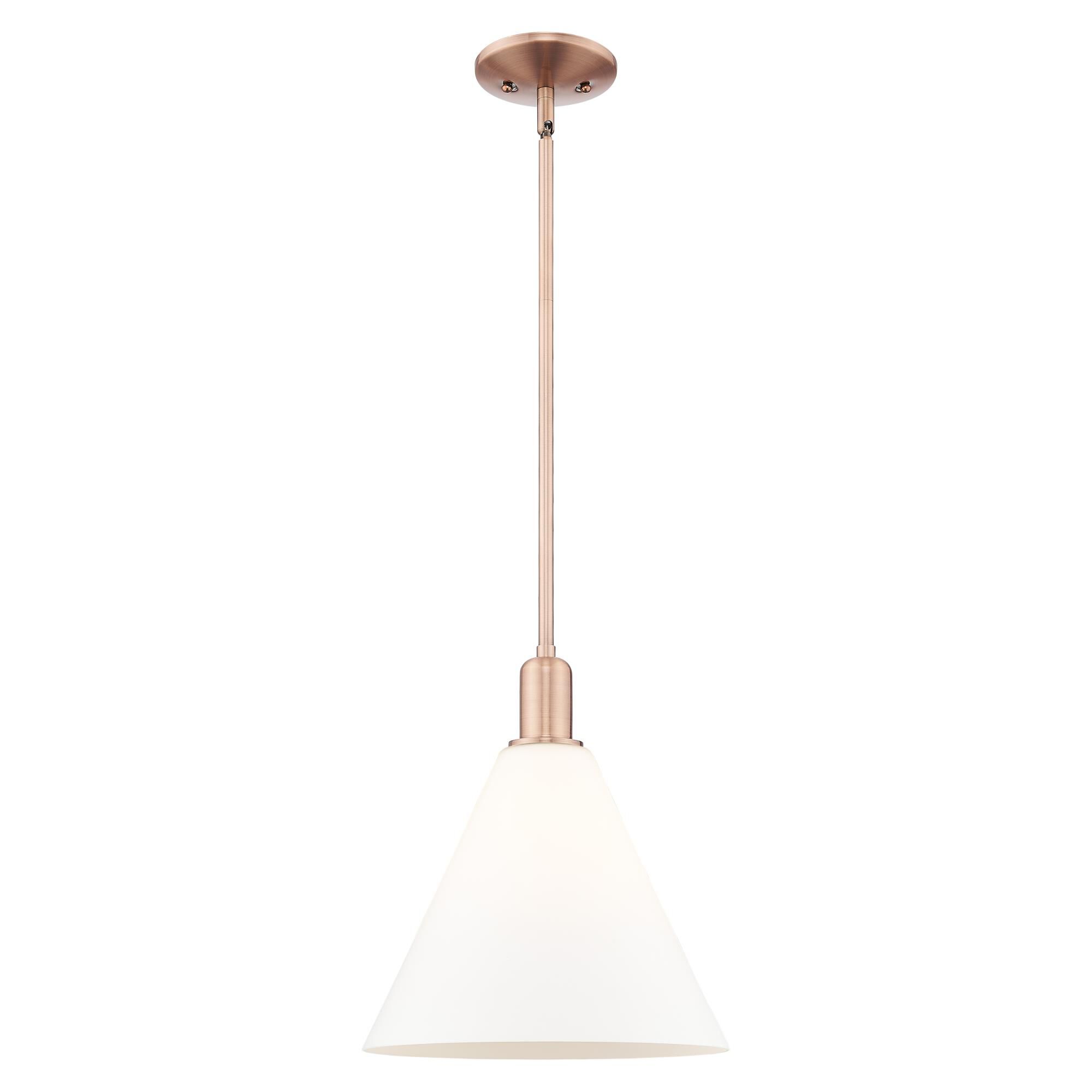Shown in Antique Copper finish and Matte White glass