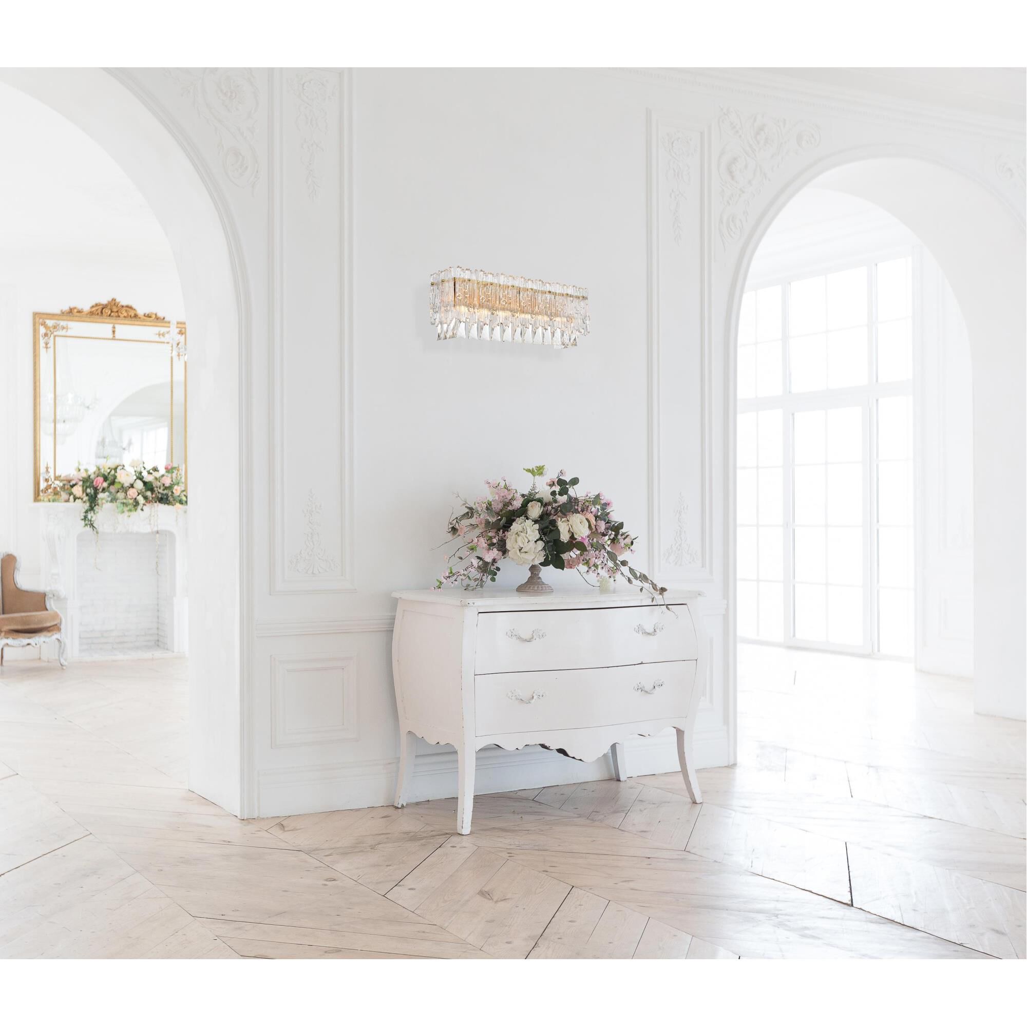 Shown in Satin Gold finish and Rc crystal and Clear glass