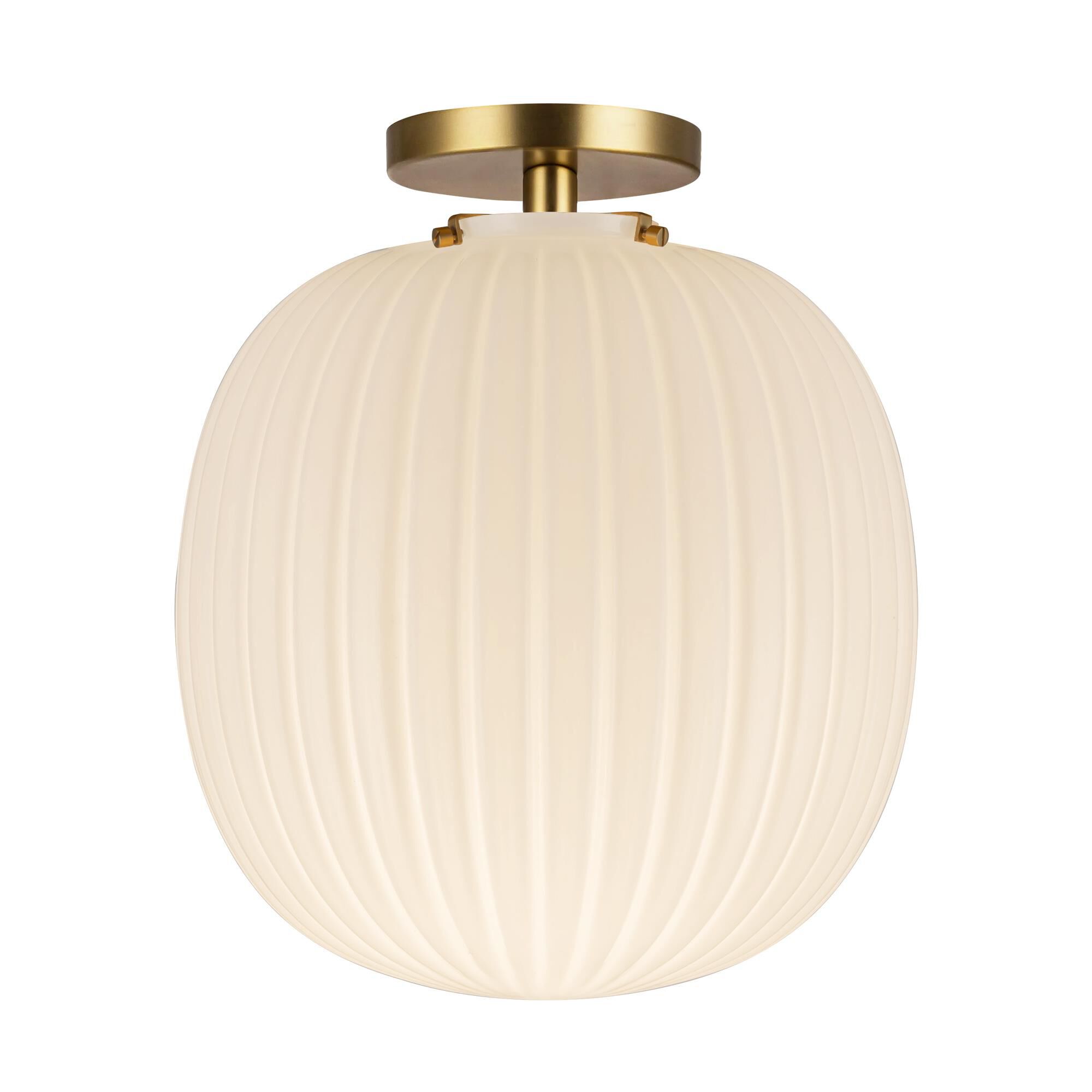 Shown in Brushed Gold finish and Glossy Ribbed Opal glass