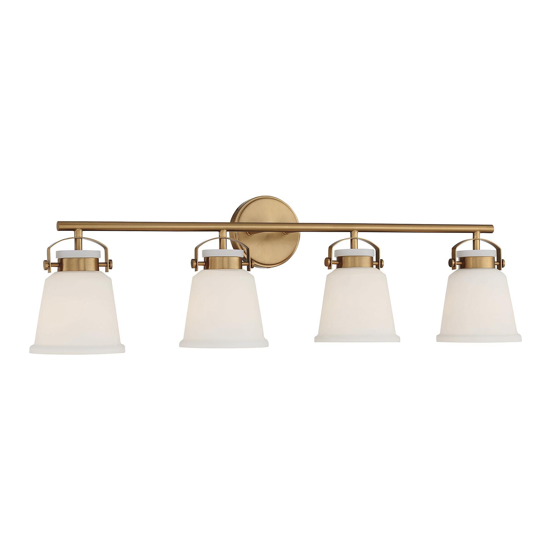 Shown in Warm Brass finish and White Opal glass and Glass shade