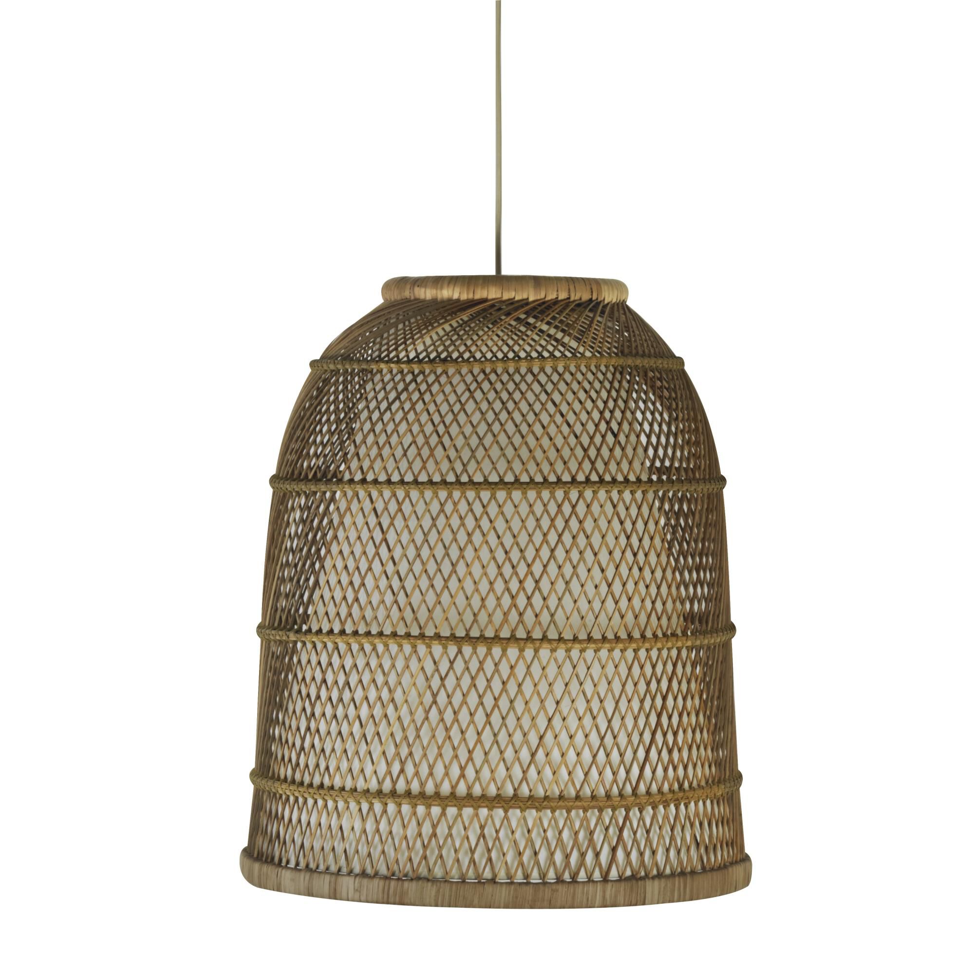 Shown in Satin Nickel finish and Brown Rattan shade