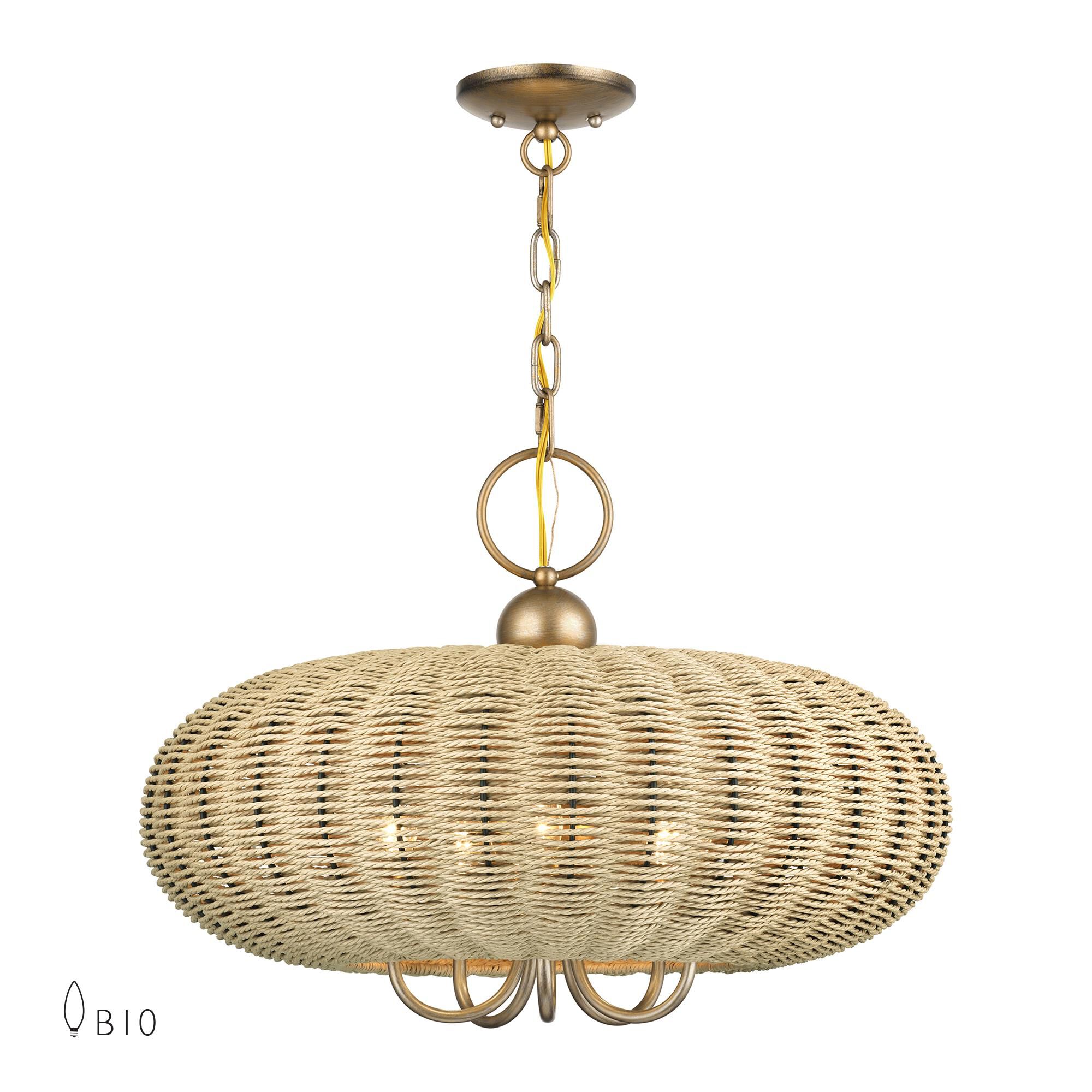 Shown in Antique Gold Leaf finish and Hand-Woven French Beige Paper Rope shade