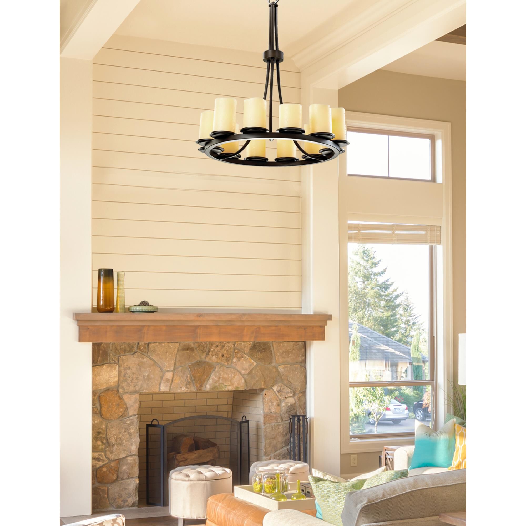 Shown in Dark Bronze finish and Faux Candle Resin glass and Cream shade and Cylinder with Melted Rim accent