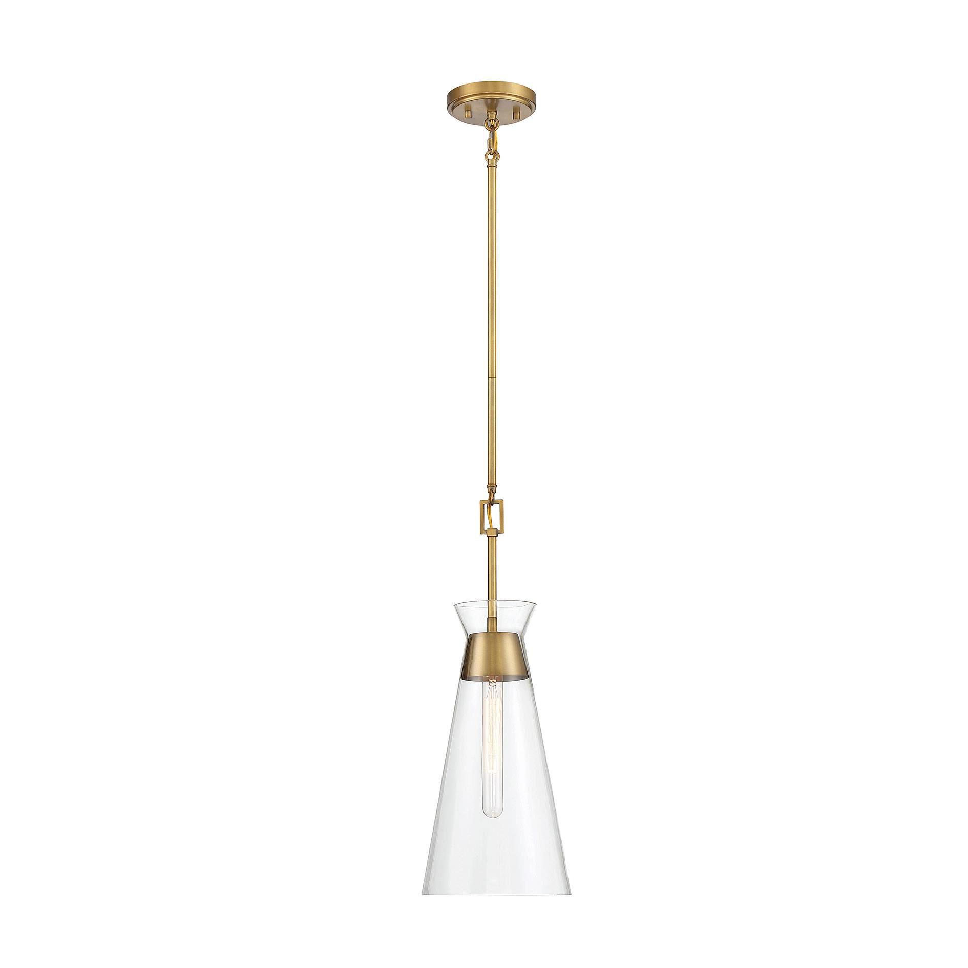 Shown in Warm Brass finish and Clear glass and Glass shade