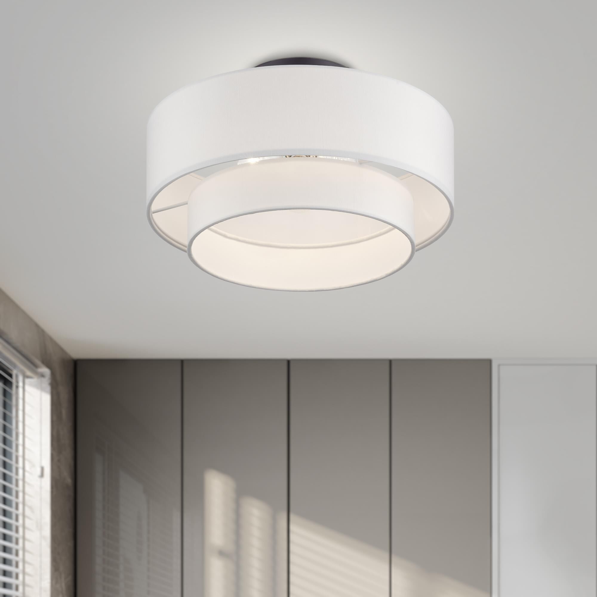 Shown in Bronze finish and Hand Crafted Off-White Fabric Hardbacks with White Fabric Inside shade