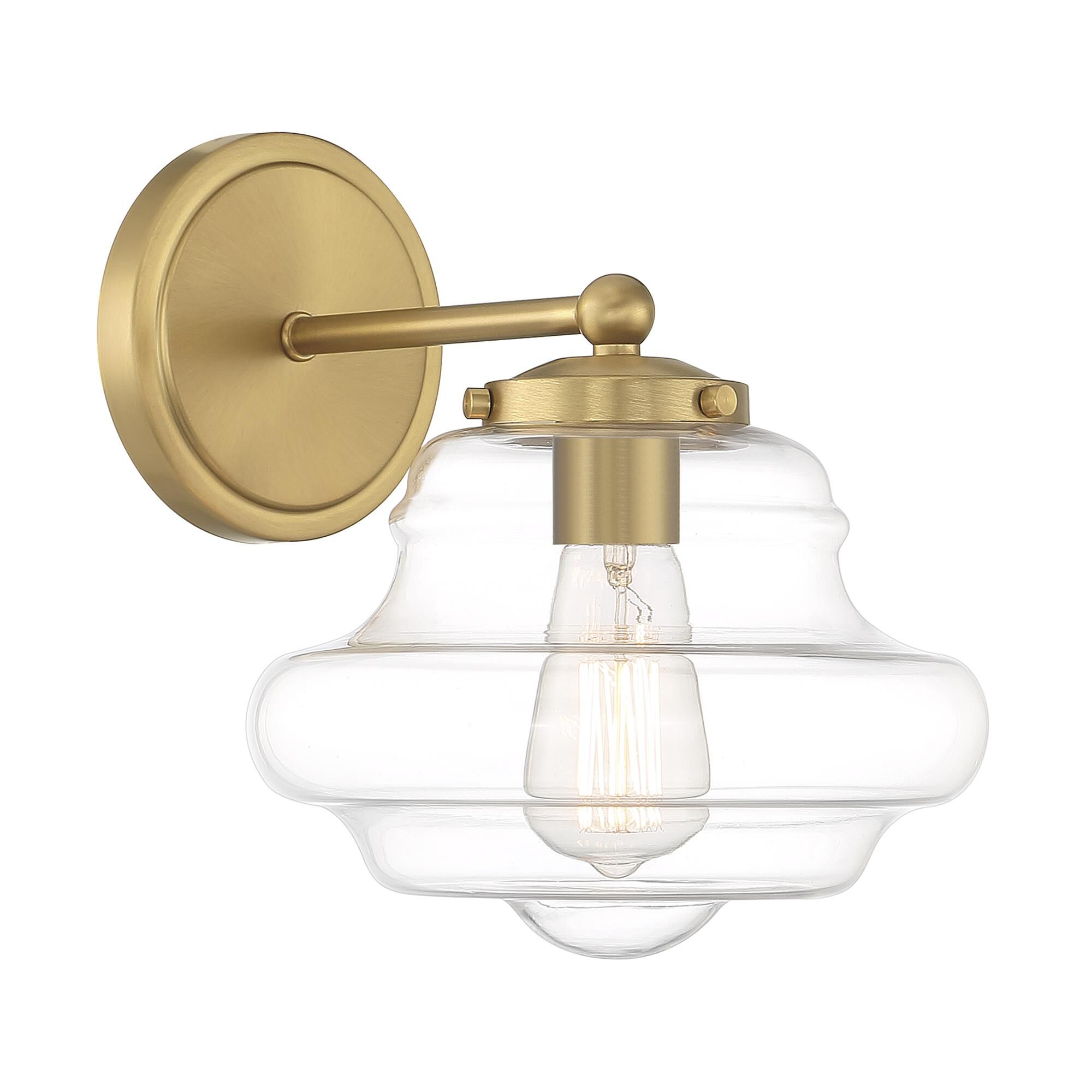 Shown in Natural Brass finish and Clear glass and Glass shade