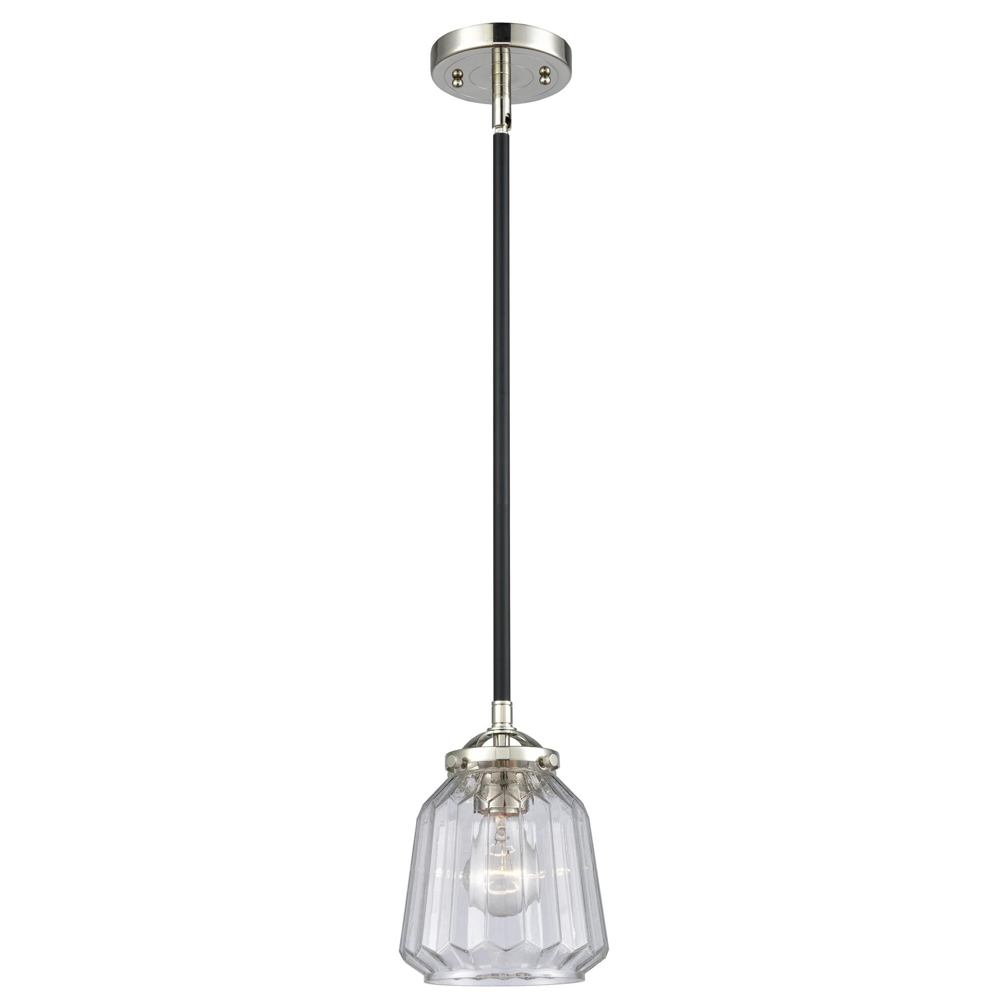 Shown in Black Polished Nickel finish and Clear glass