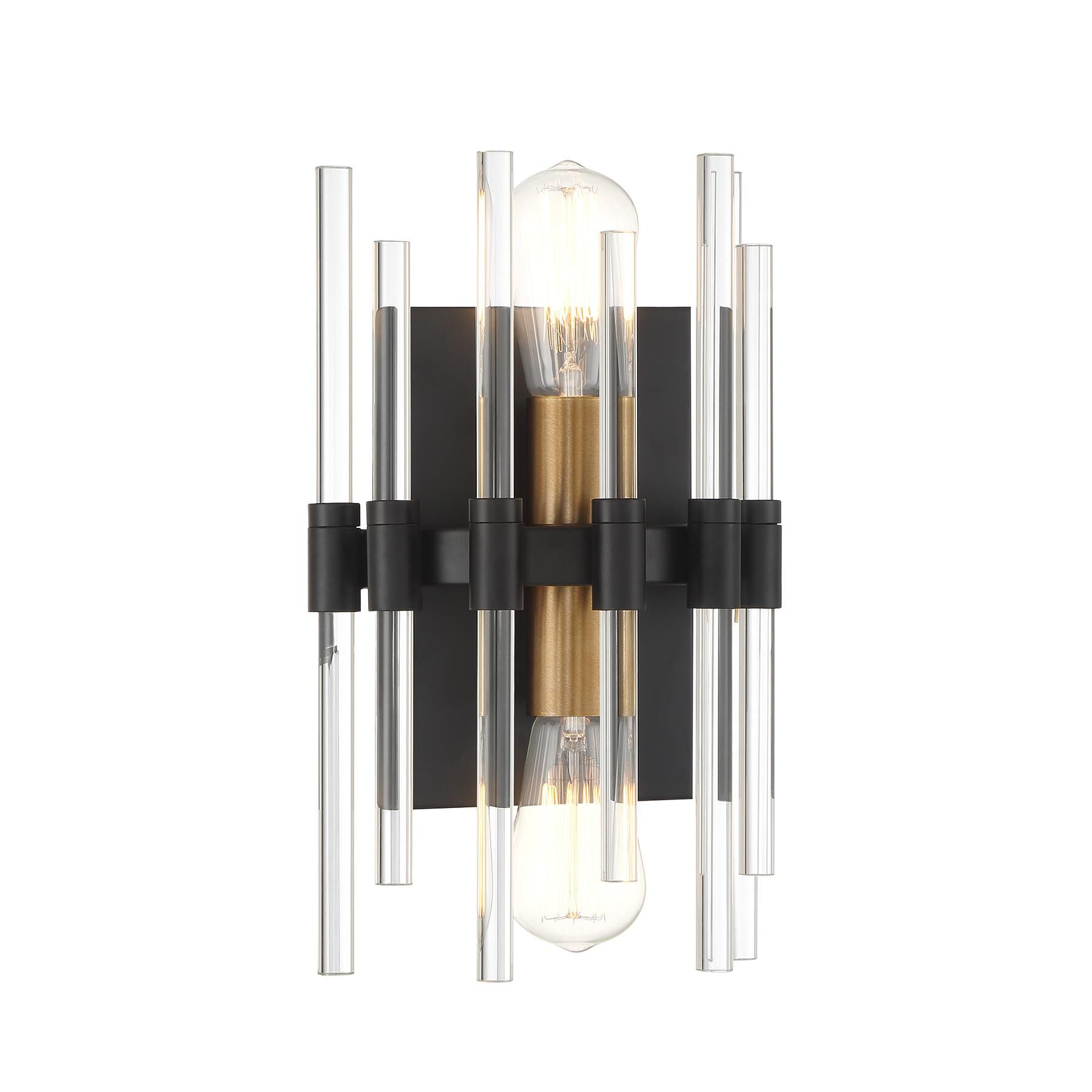 Shown in Matte Black With Warm Brass Accents finish and Clear crystal