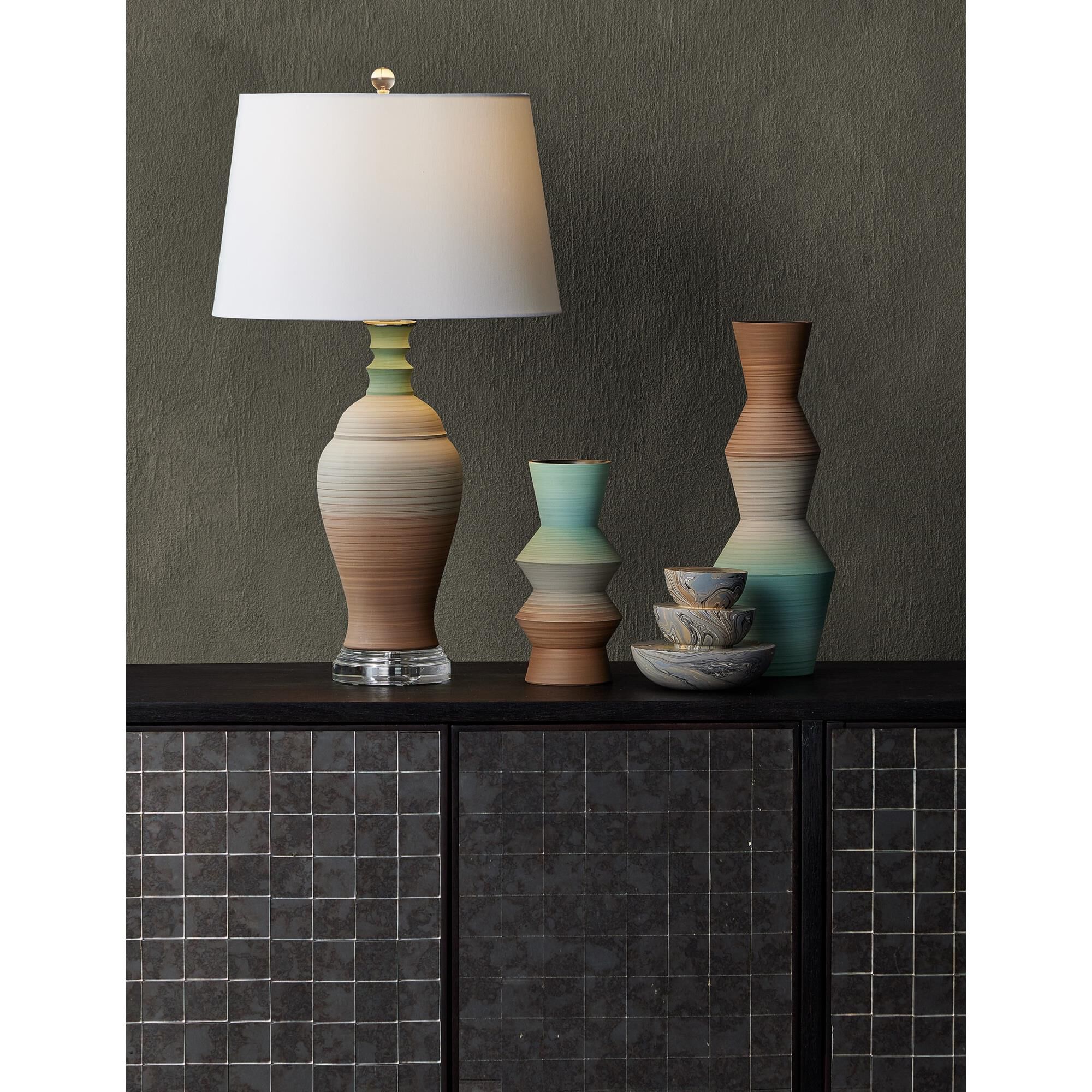 Shown in Brown, Light Blue and Clear finish and Bone Fabric/Blue Lining/Hardback/Rolled Edge shade