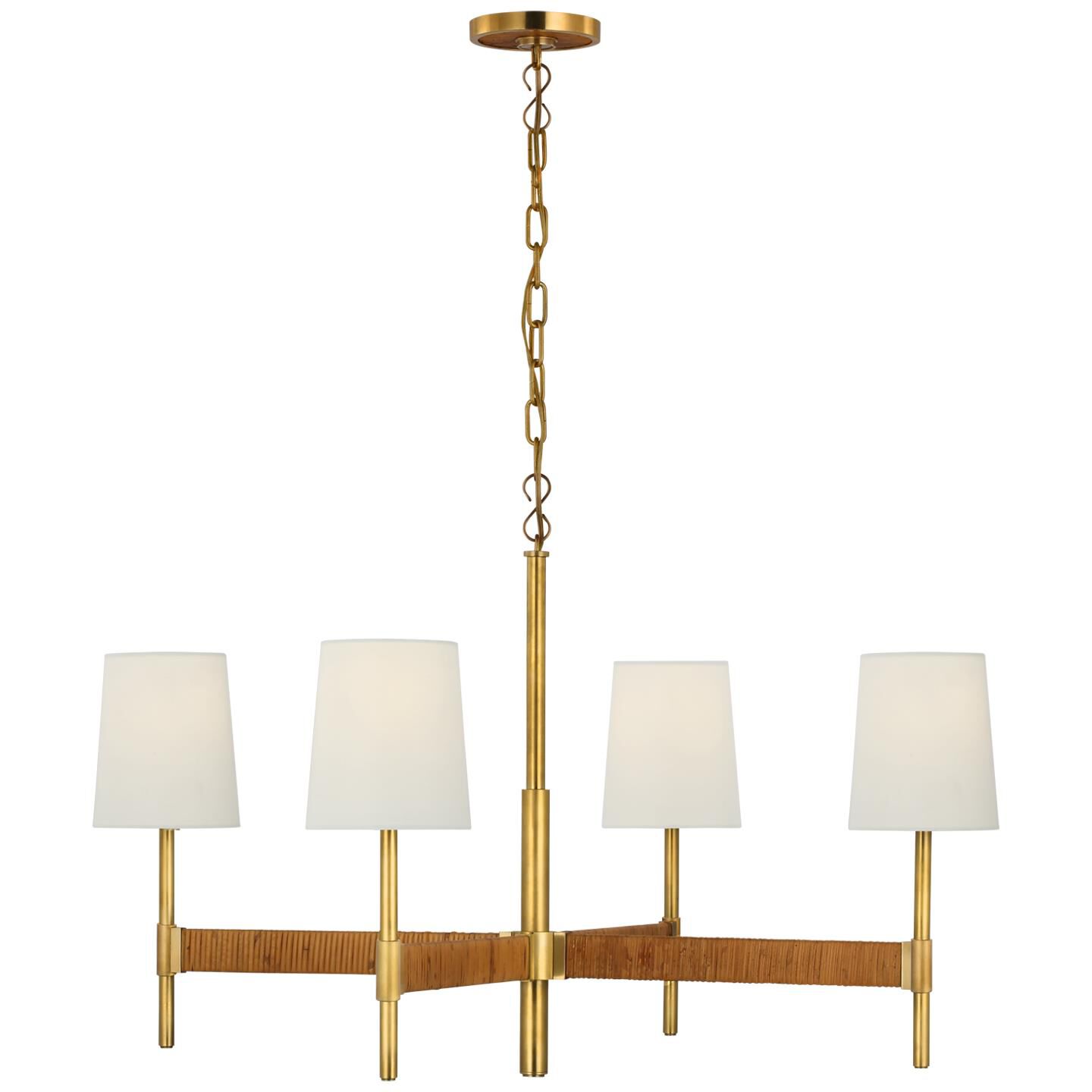 Shown in Hand-Rubbed Antique Brass and Dark Rattan finish and Linen shade