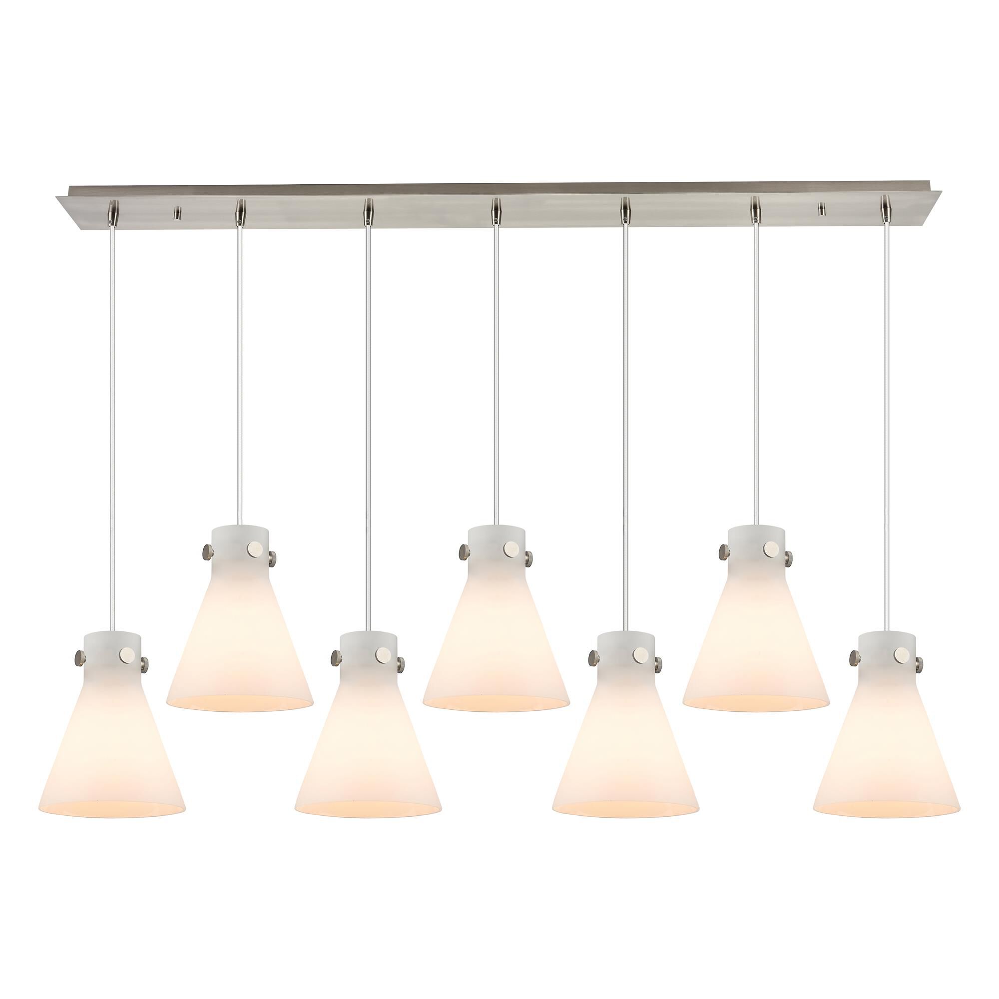 Shown in Brushed Satin Nickel finish and White glass and White Glass shade